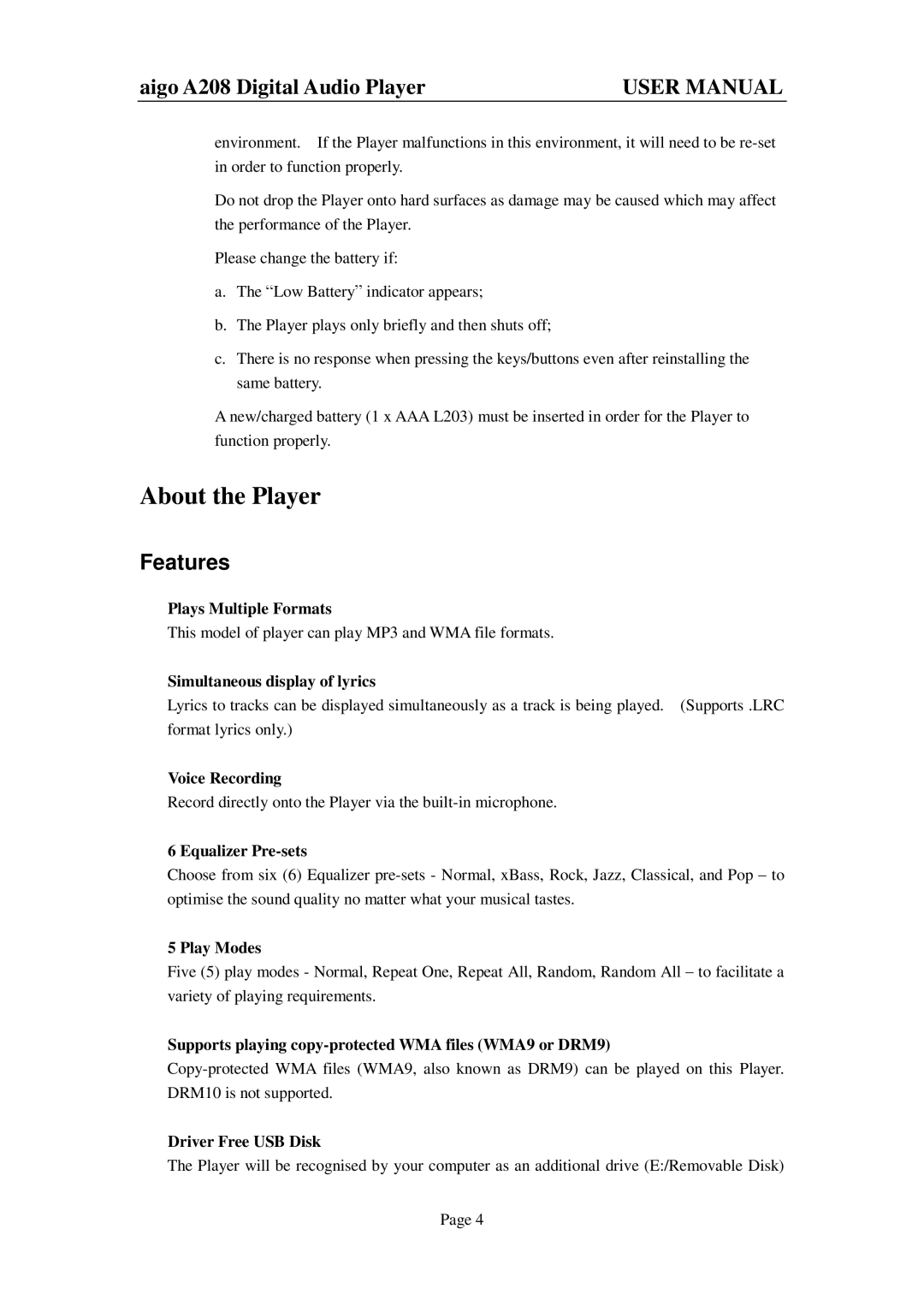 Aigo A208 user manual About the Player, Features 