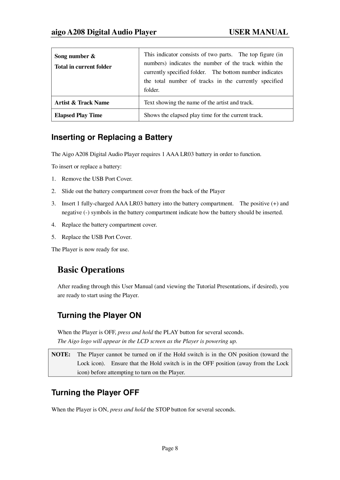 Aigo A208 user manual Basic Operations, Inserting or Replacing a Battery, Turning the Player on, Turning the Player OFF 