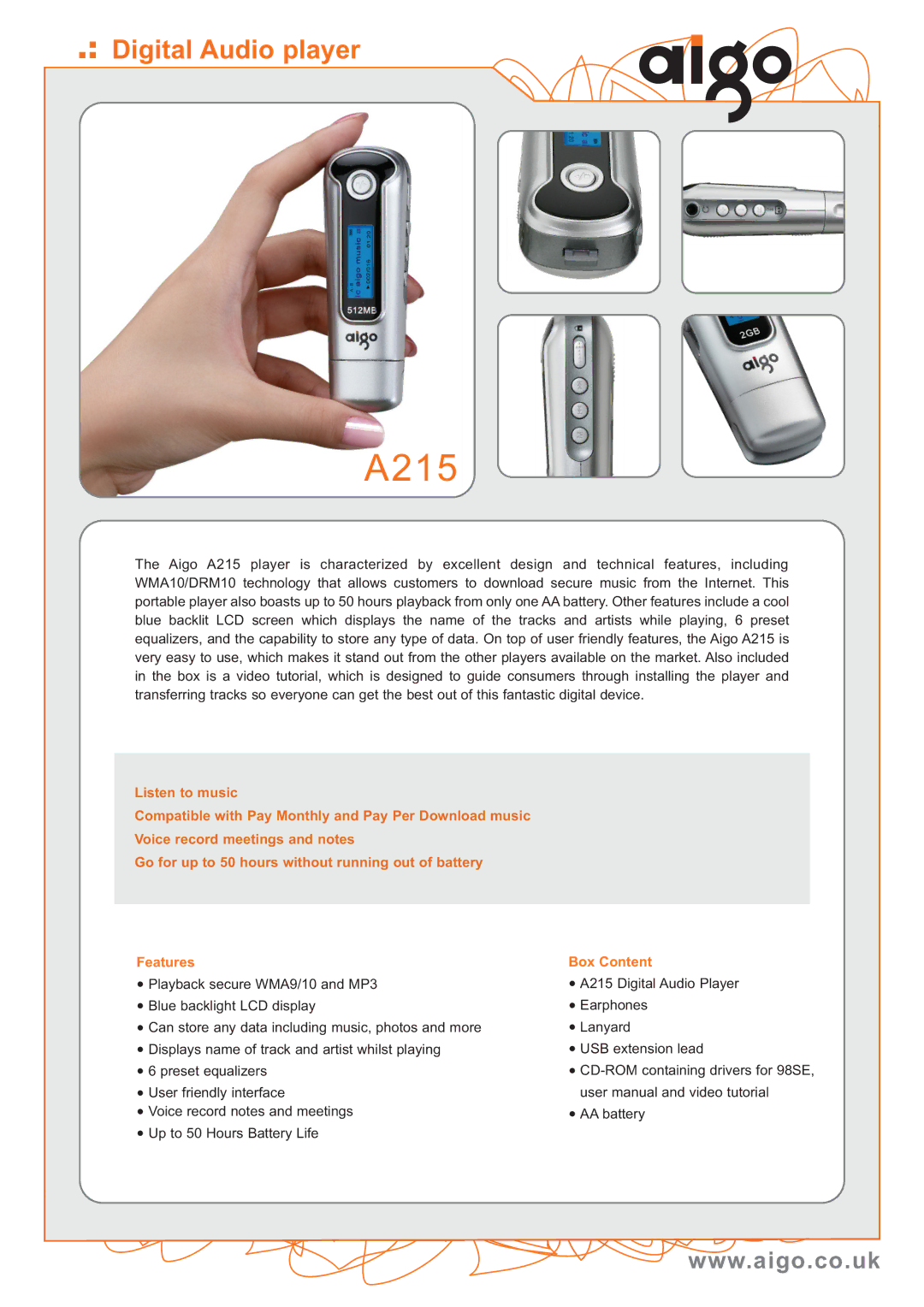 Aigo A215 user manual Box Content 