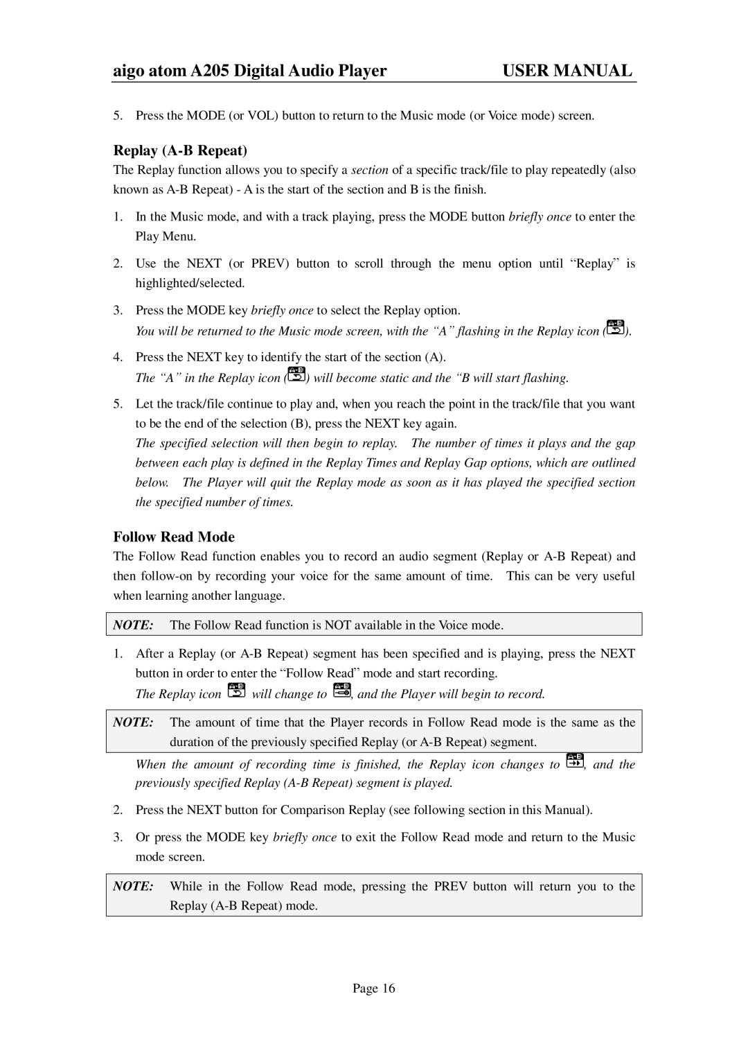 Aigo atom A205 user manual Replay A-B Repeat, Follow Read Mode 