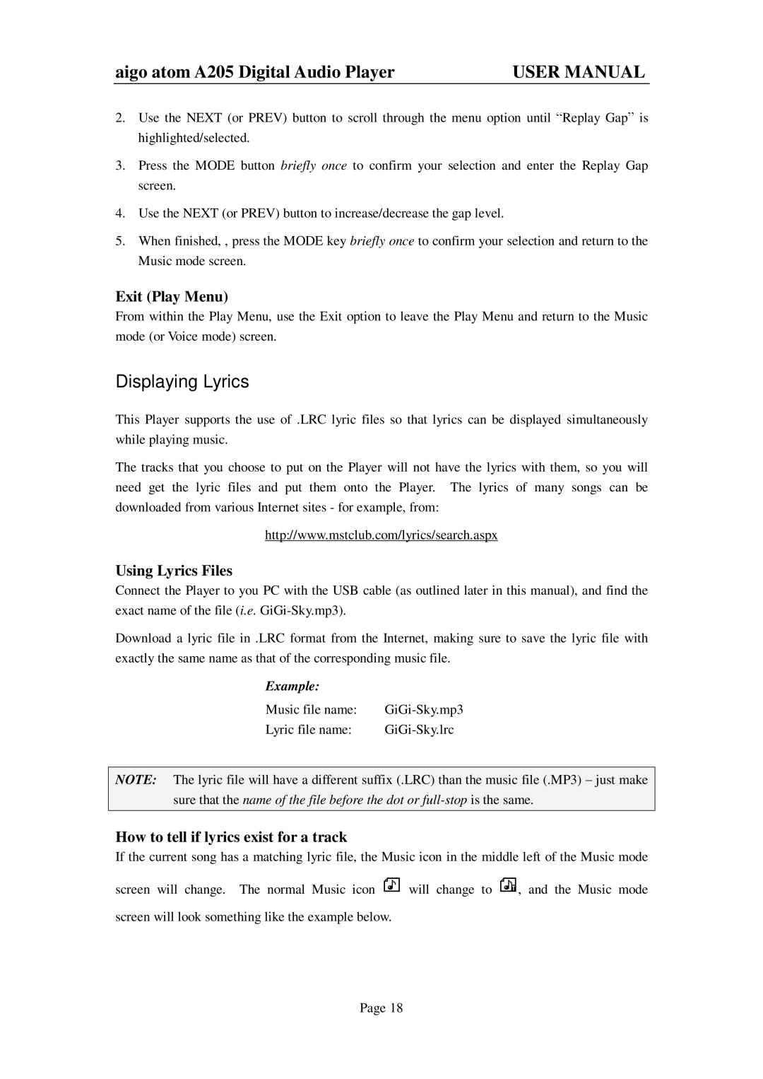 Aigo atom A205 user manual Displaying Lyrics, Exit Play Menu, Using Lyrics Files, How to tell if lyrics exist for a track 