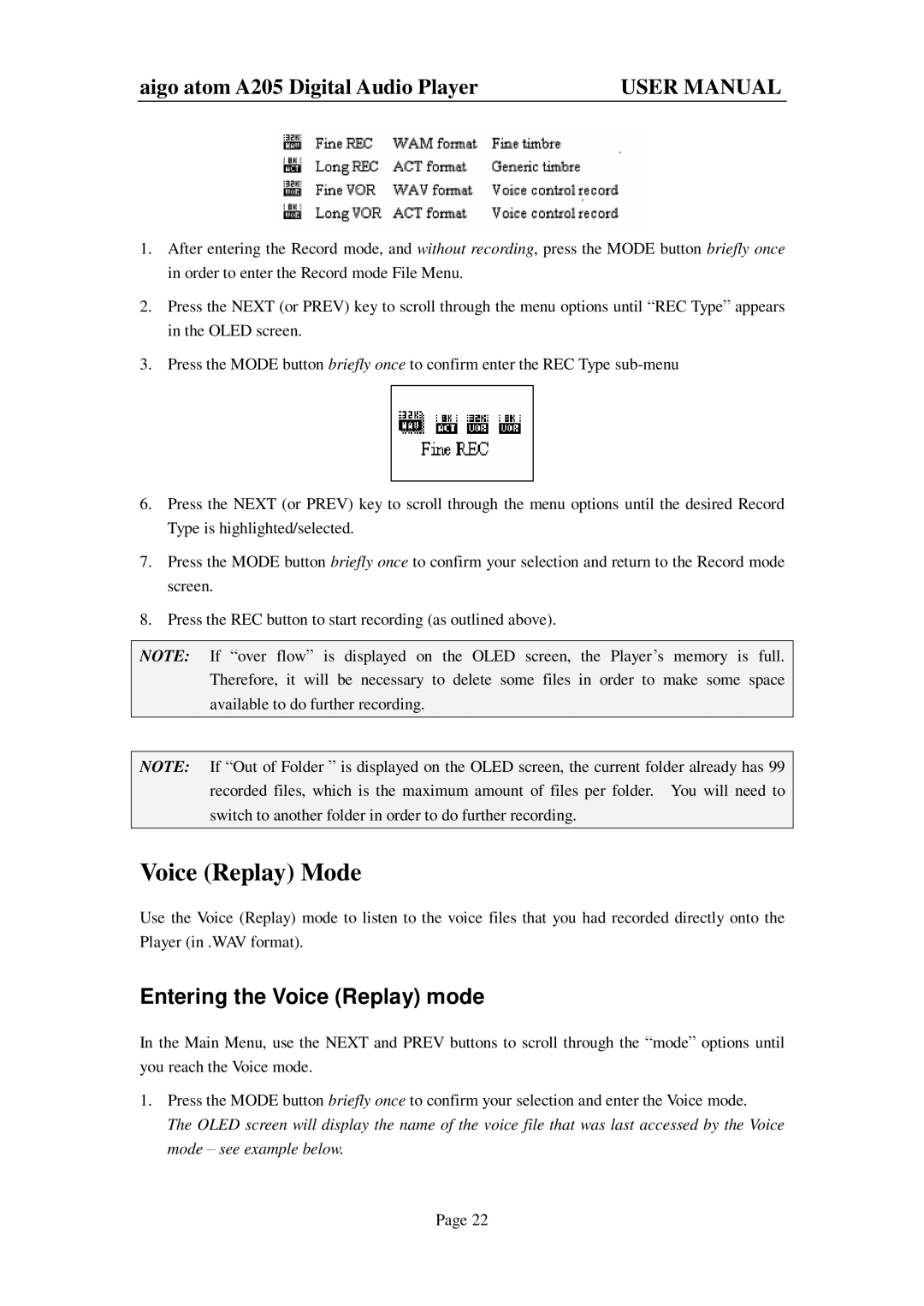 Aigo atom A205 user manual Voice Replay Mode, Entering the Voice Replay mode 