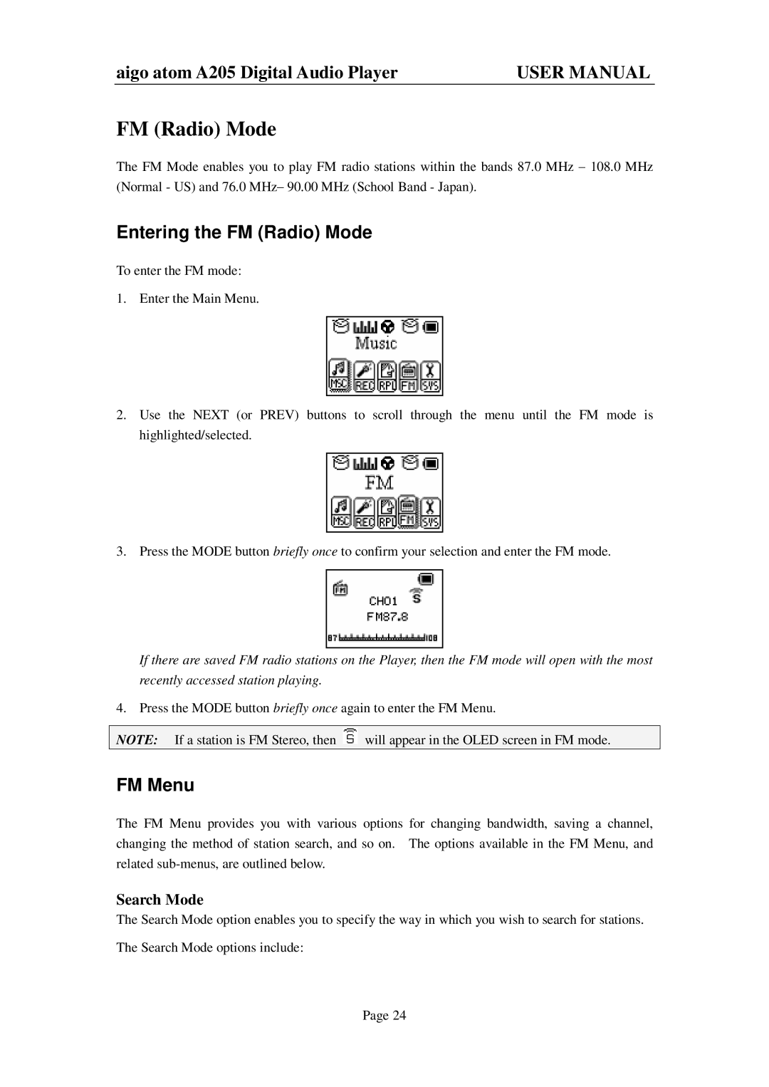 Aigo atom A205 user manual Entering the FM Radio Mode, FM Menu, Search Mode 