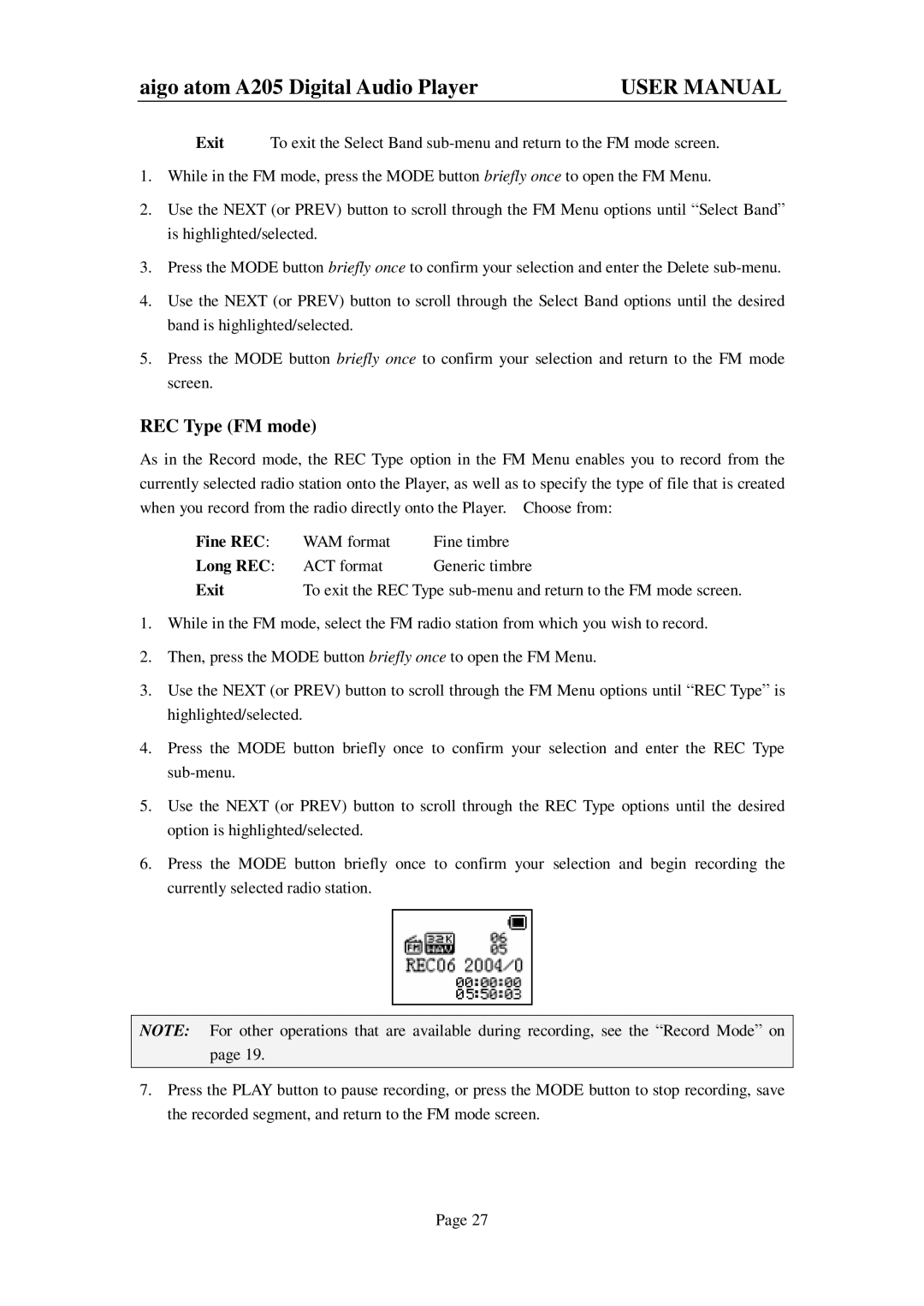 Aigo atom A205 user manual REC Type FM mode, Fine REC, Long REC 