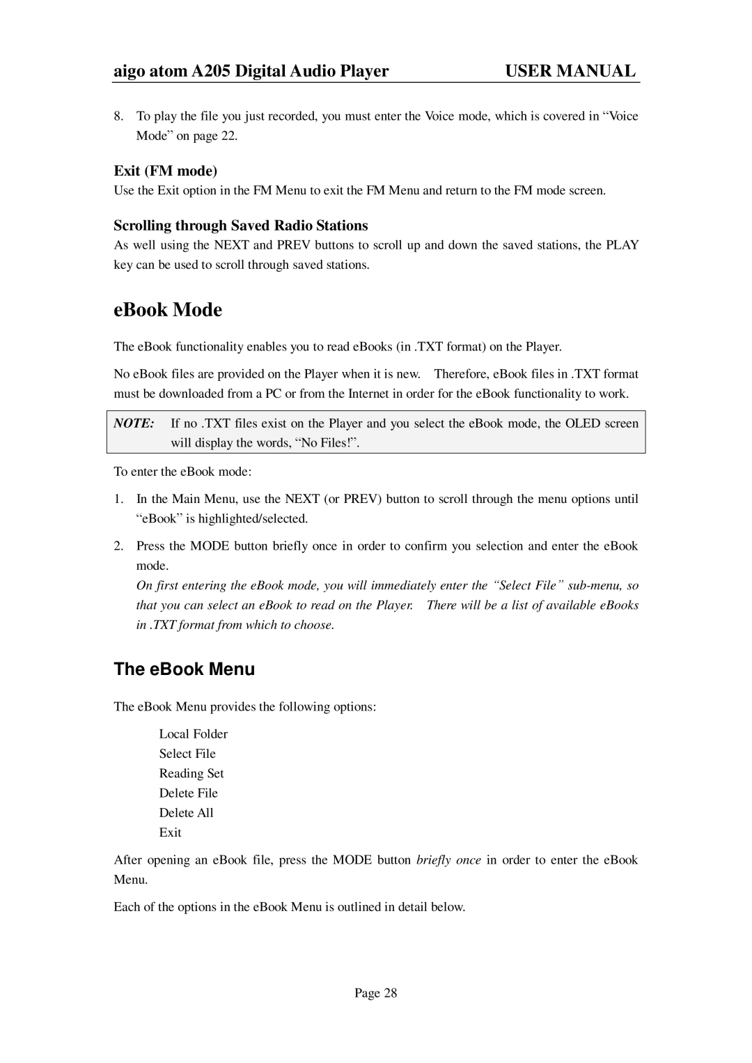 Aigo atom A205 user manual EBook Mode, EBook Menu, Exit FM mode, Scrolling through Saved Radio Stations 