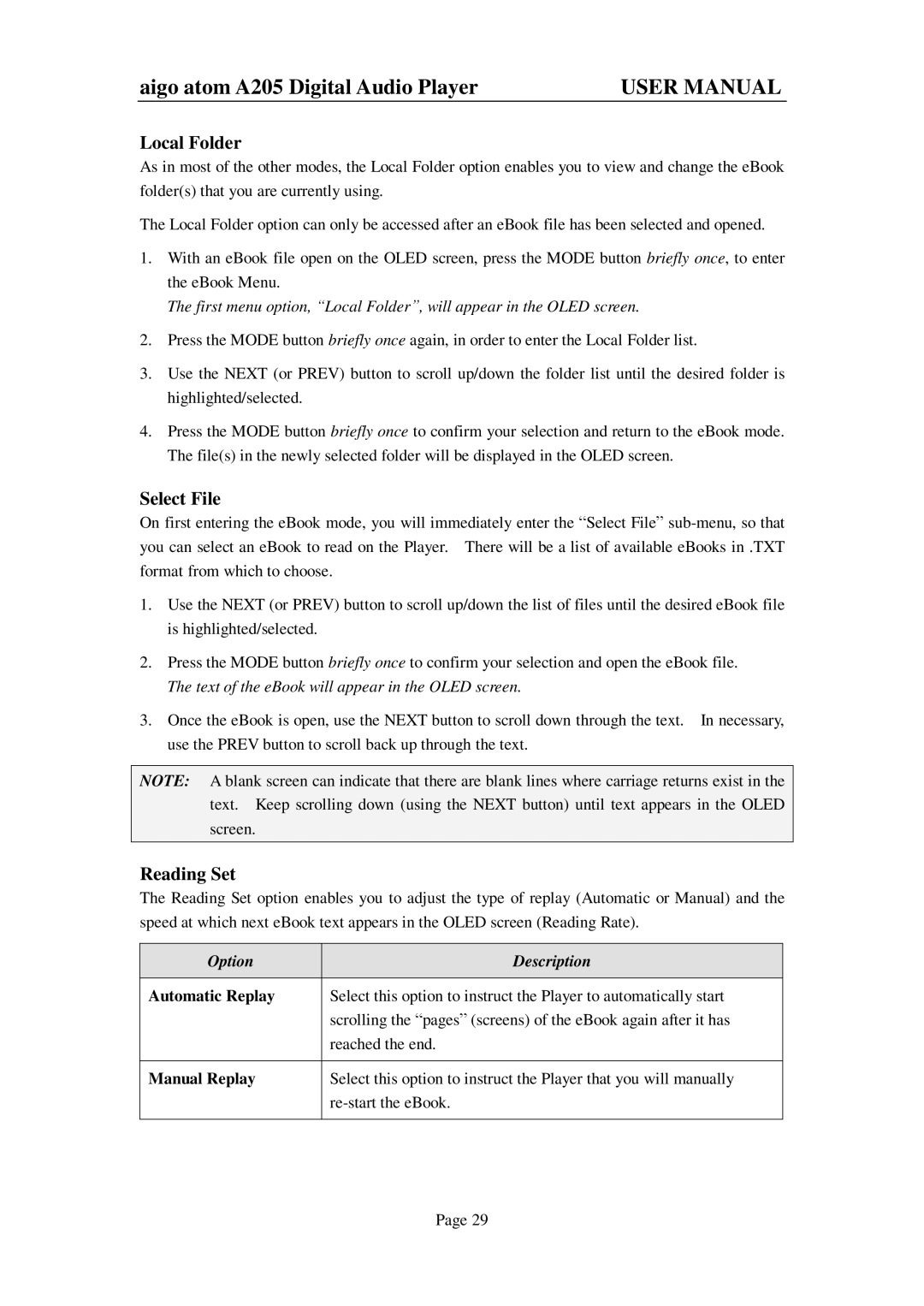 Aigo atom A205 user manual Local Folder, Select File, Reading Set, Automatic Replay, Manual Replay 