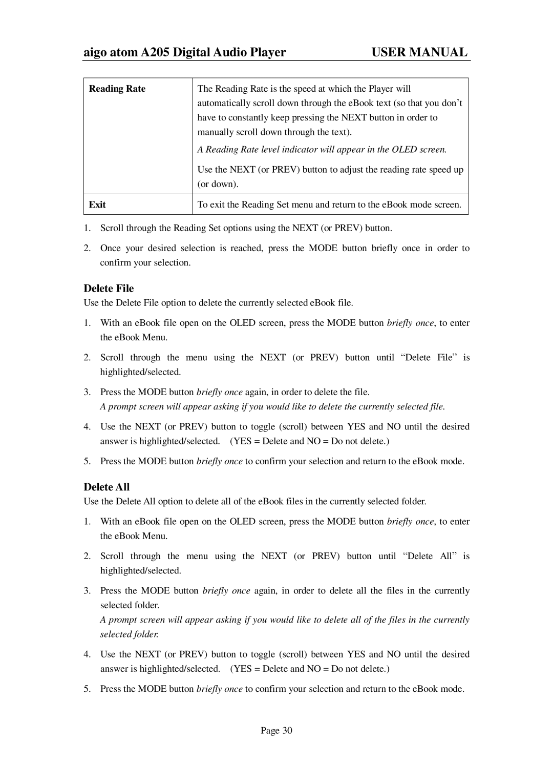 Aigo atom A205 user manual Reading Rate, Exit 