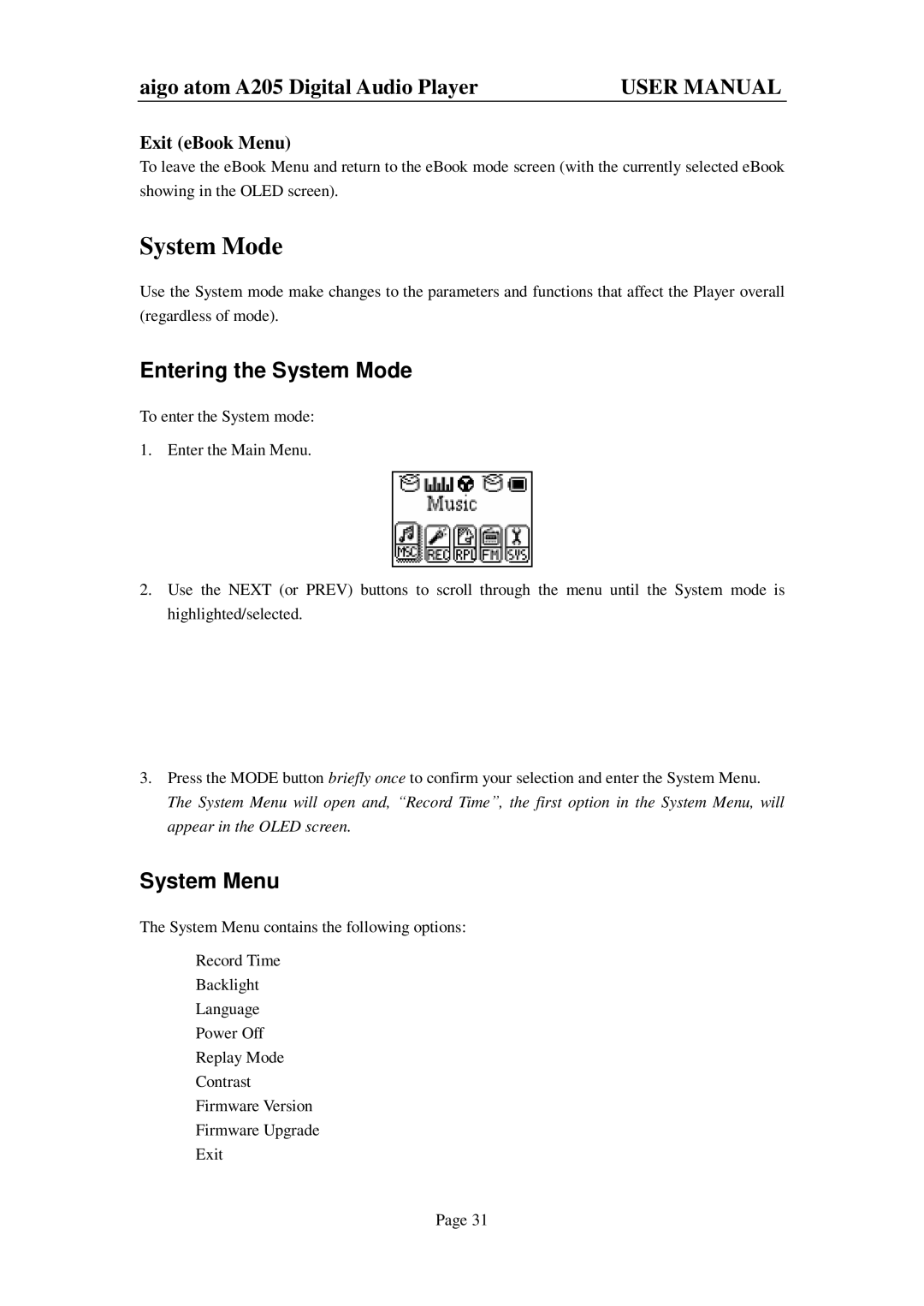 Aigo atom A205 user manual Entering the System Mode, System Menu, Exit eBook Menu 