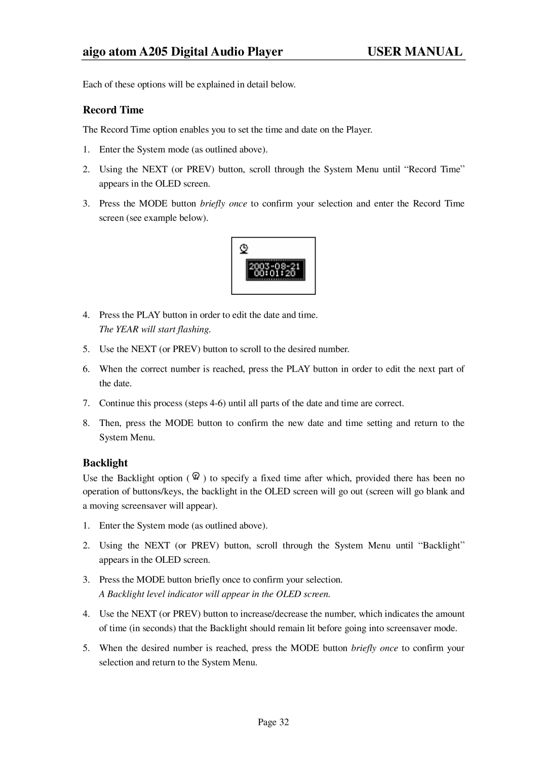 Aigo atom A205 user manual Record Time, Backlight 