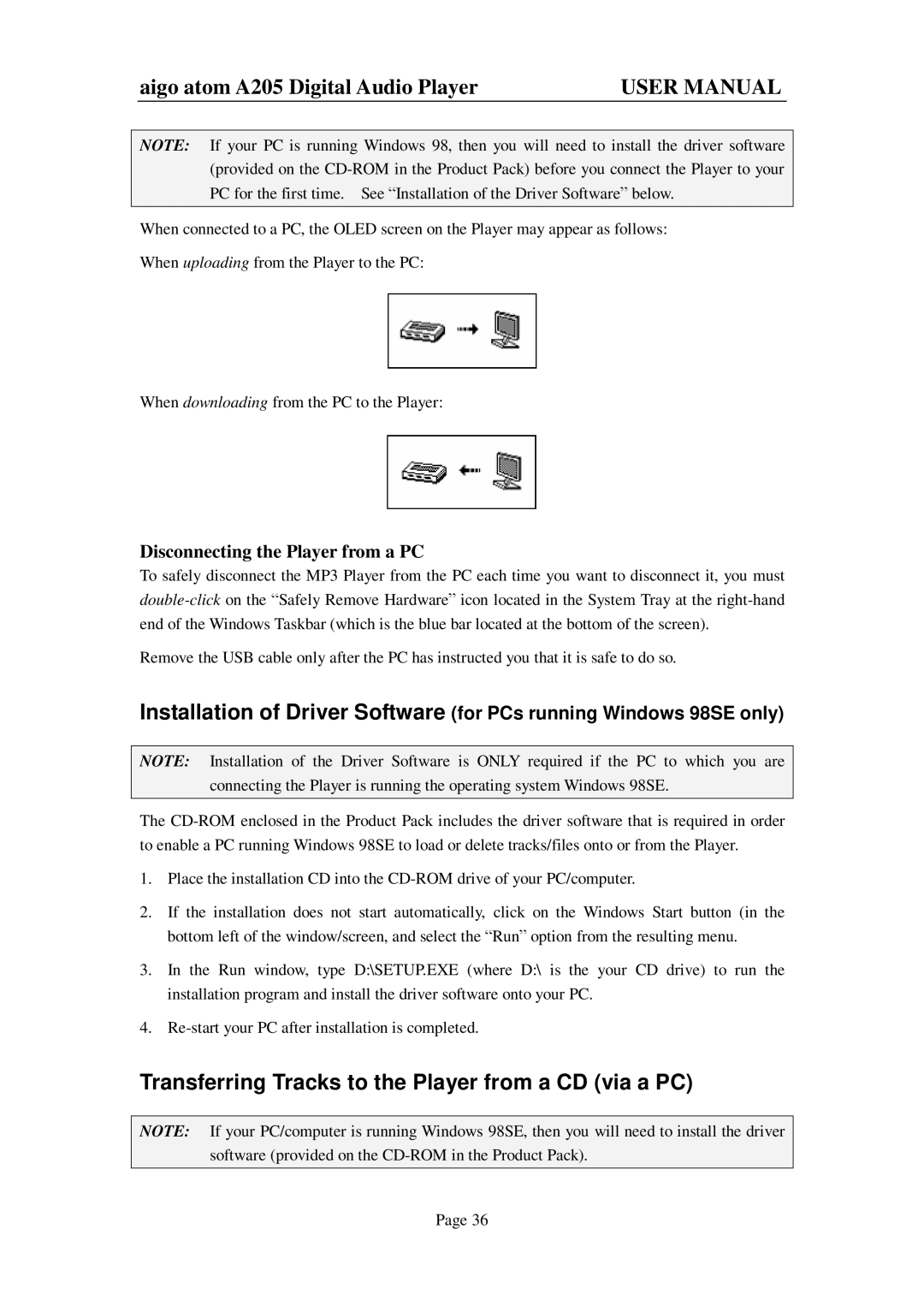 Aigo atom A205 user manual Transferring Tracks to the Player from a CD via a PC, Disconnecting the Player from a PC 