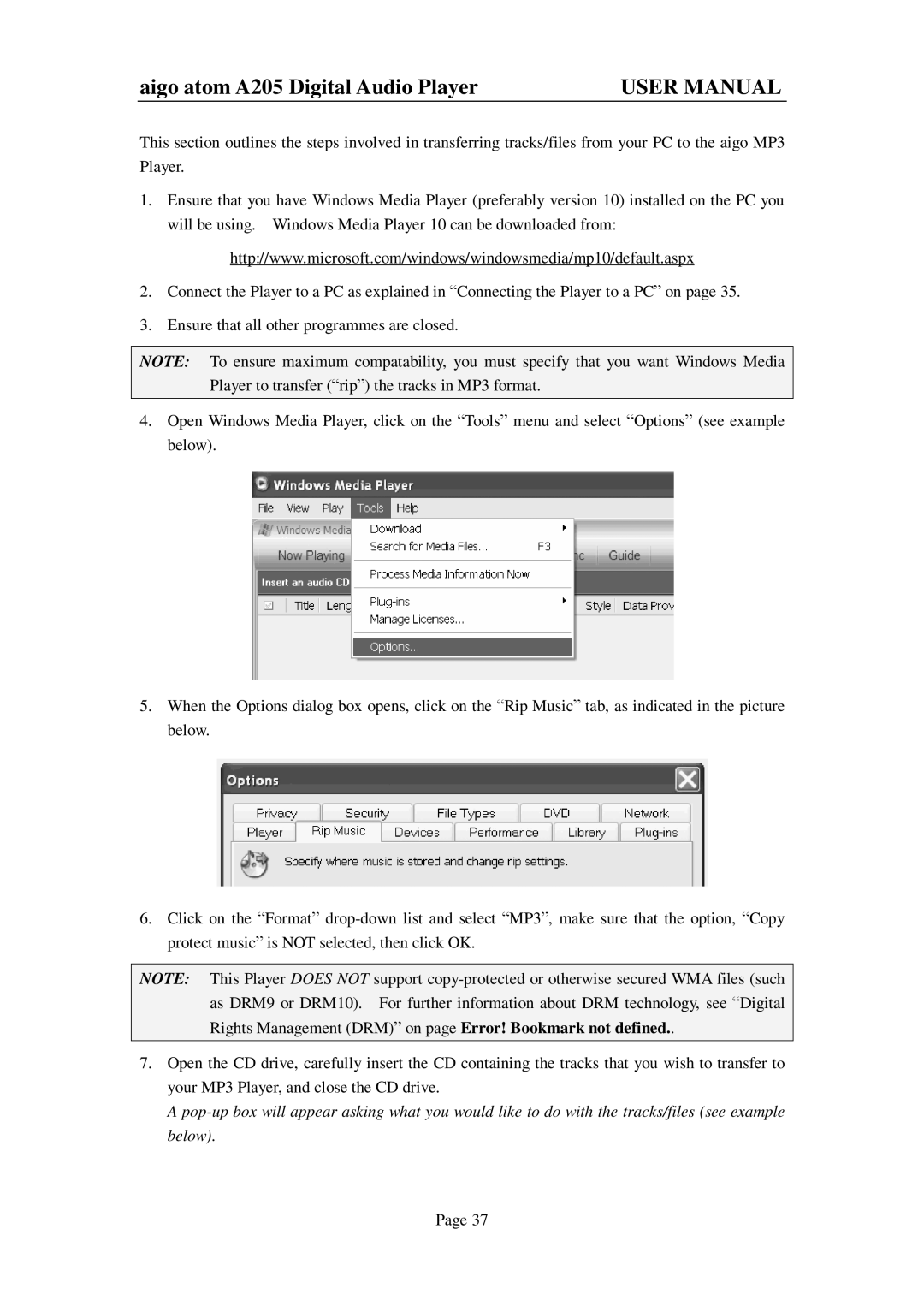 Aigo user manual Aigo atom A205 Digital Audio Player 