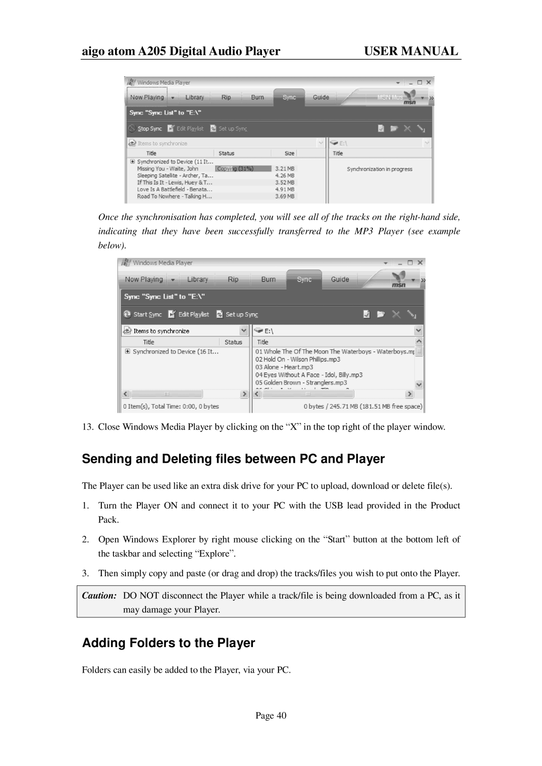 Aigo atom A205 user manual Sending and Deleting files between PC and Player, Adding Folders to the Player 