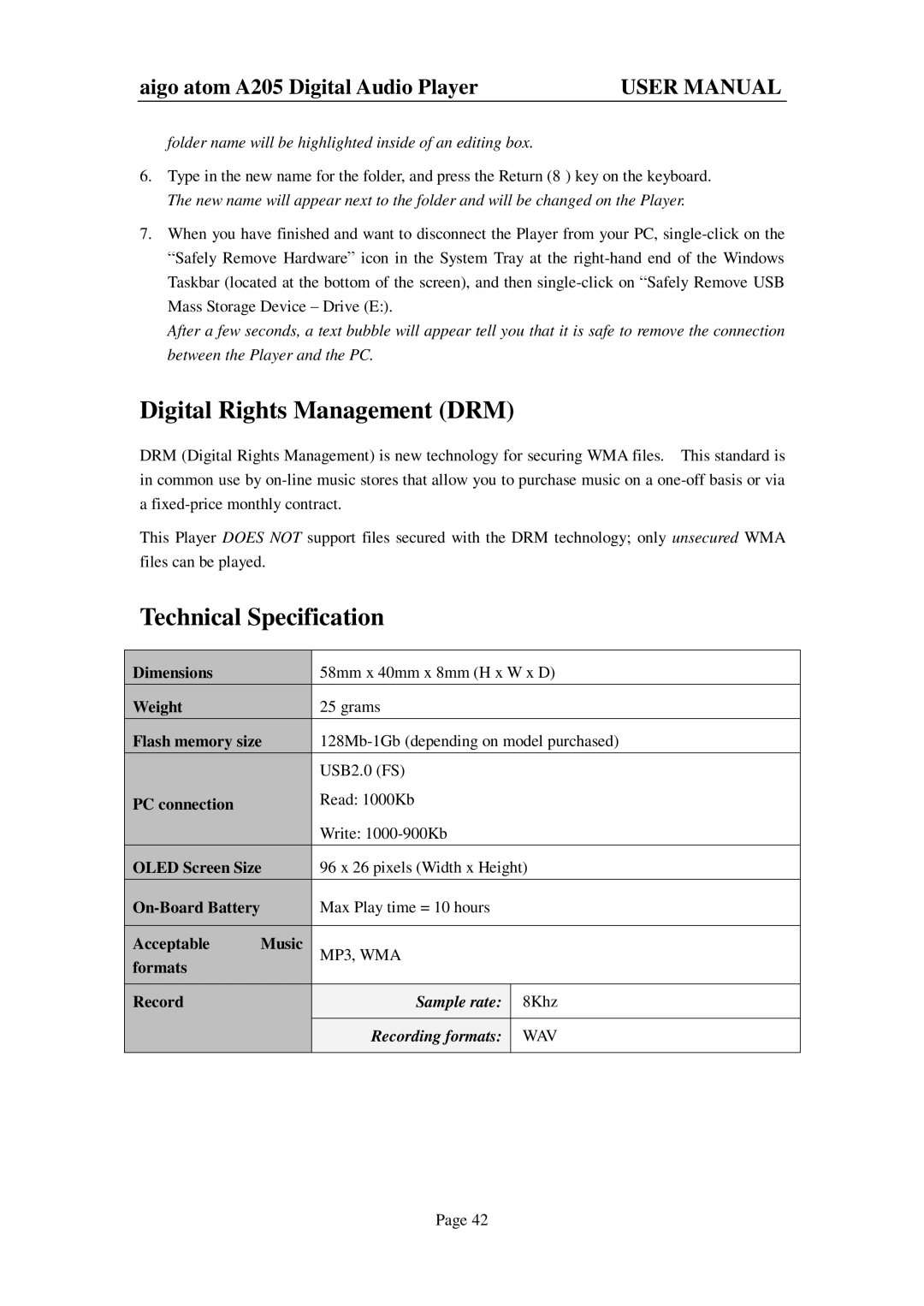 Aigo atom A205 user manual Digital Rights Management DRM, Technical Specification 