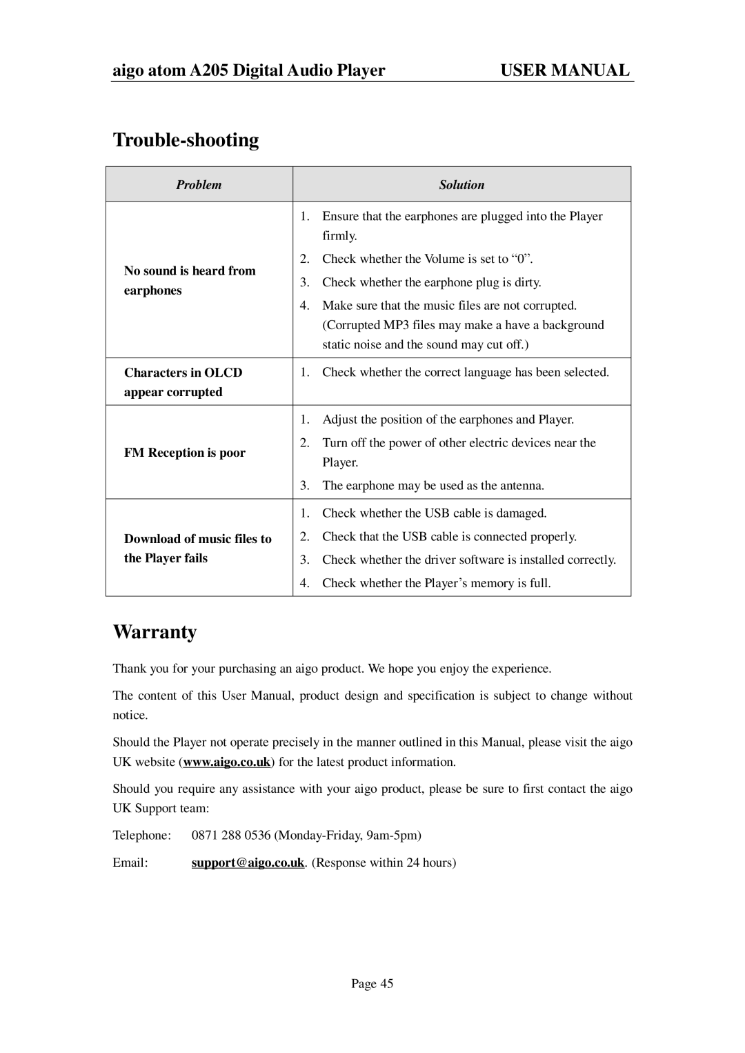 Aigo atom A205 user manual Trouble-shooting, Warranty 