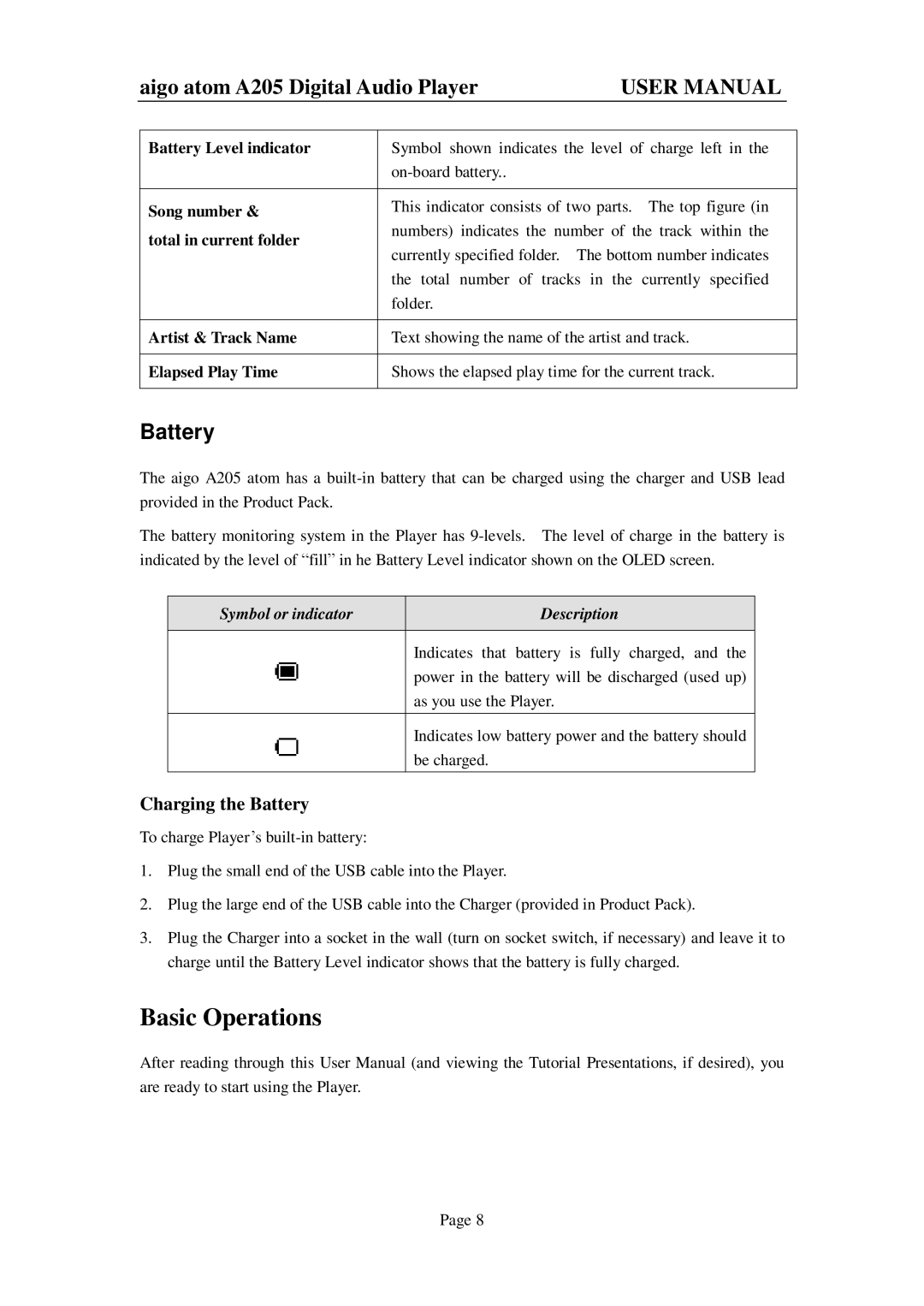 Aigo atom A205 user manual Basic Operations, Charging the Battery 