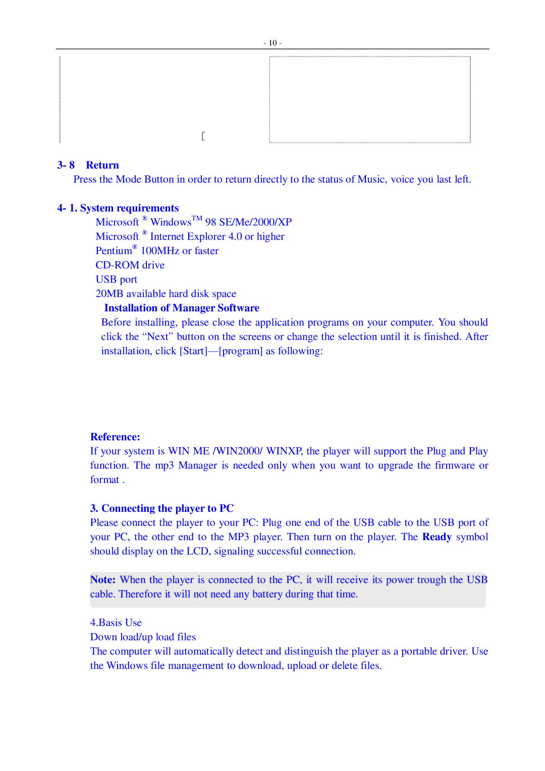 Aigo F155 user manual Return, System requirements, Installation of Manager Software, Reference, Connecting the player to PC 