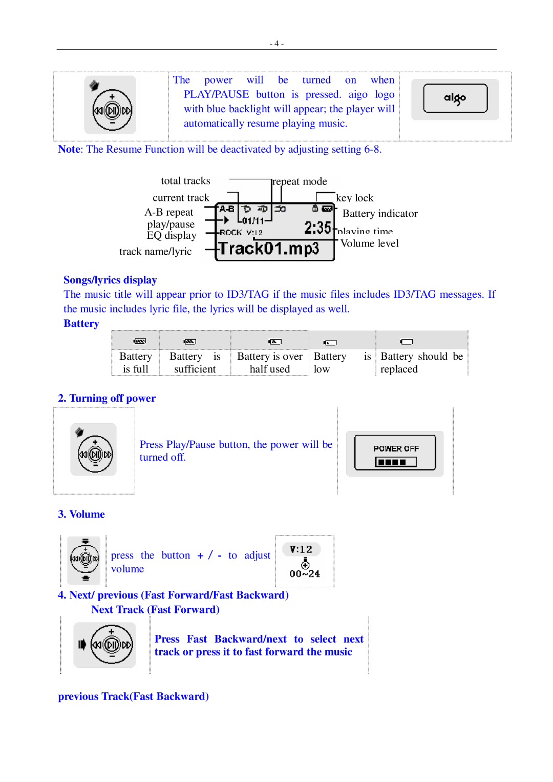 Aigo F155 user manual Songs/lyrics display, Battery, Turning off power, Volume 