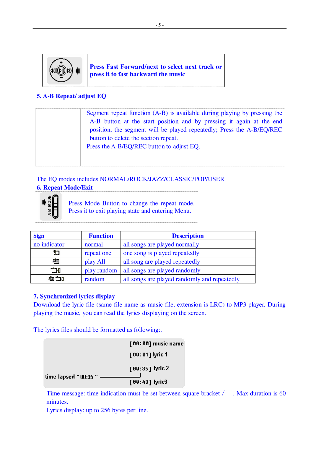 Aigo F155 user manual Repeat Mode/Exit, Function Description, Synchronized lyrics display 