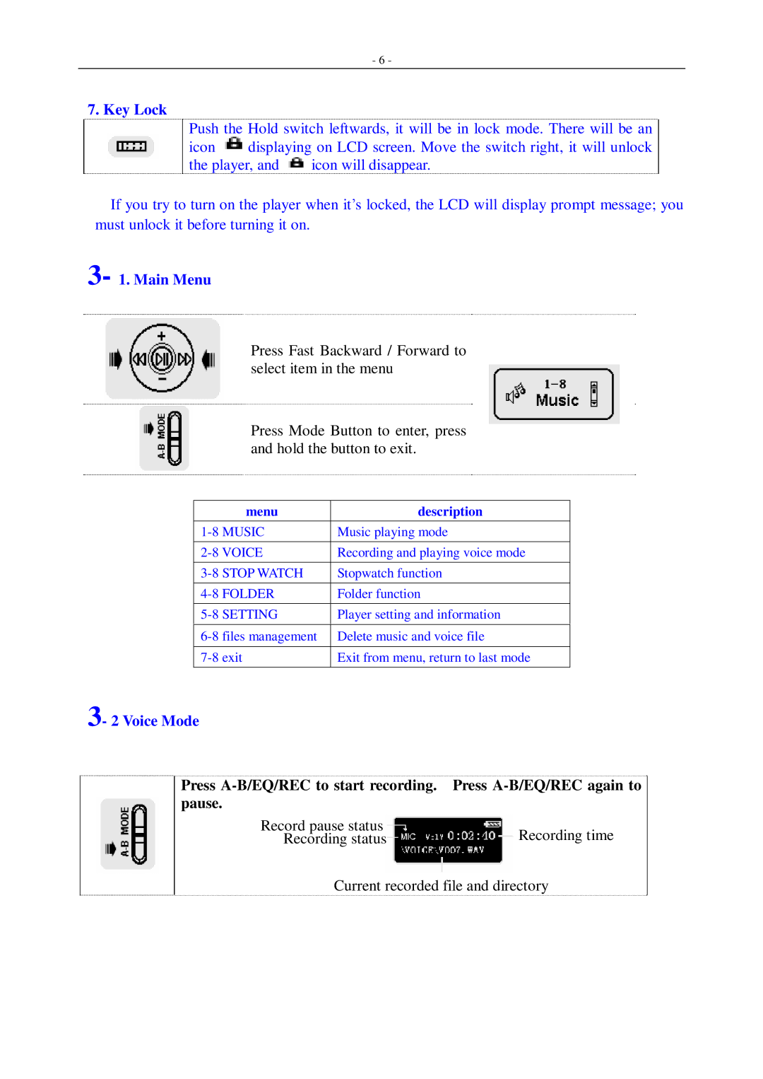 Aigo F155 user manual Key Lock, Main Menu, Voice Mode 