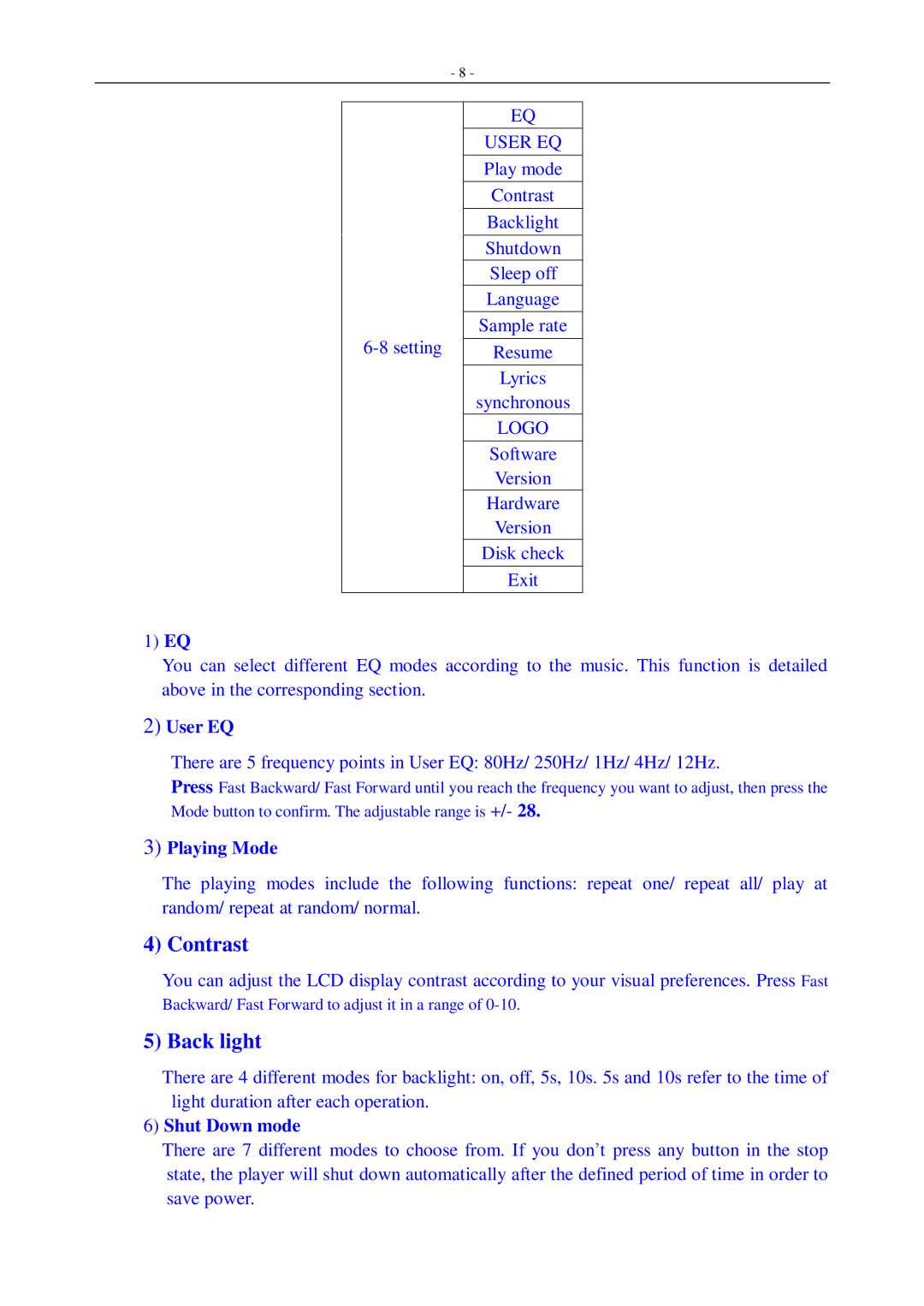 Aigo F155 user manual User EQ, Playing Mode, Shut Down mode 