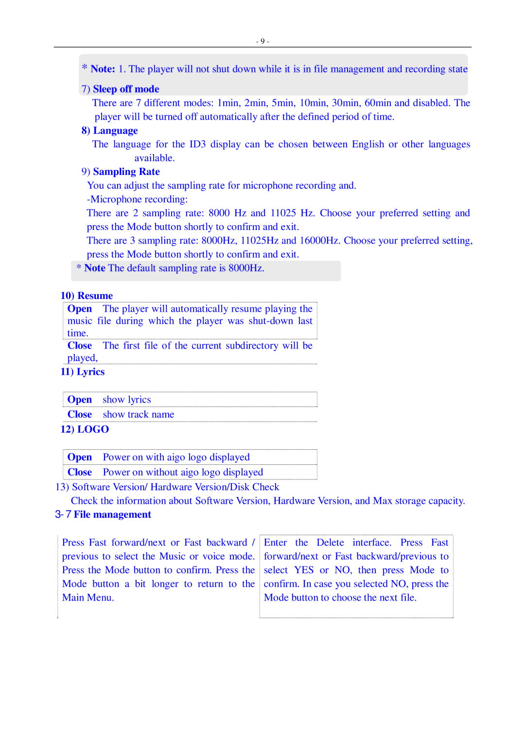 Aigo F155 user manual Sleep off mode, Language, Sampling Rate, Resume, Lyrics, Logo, 7File management 