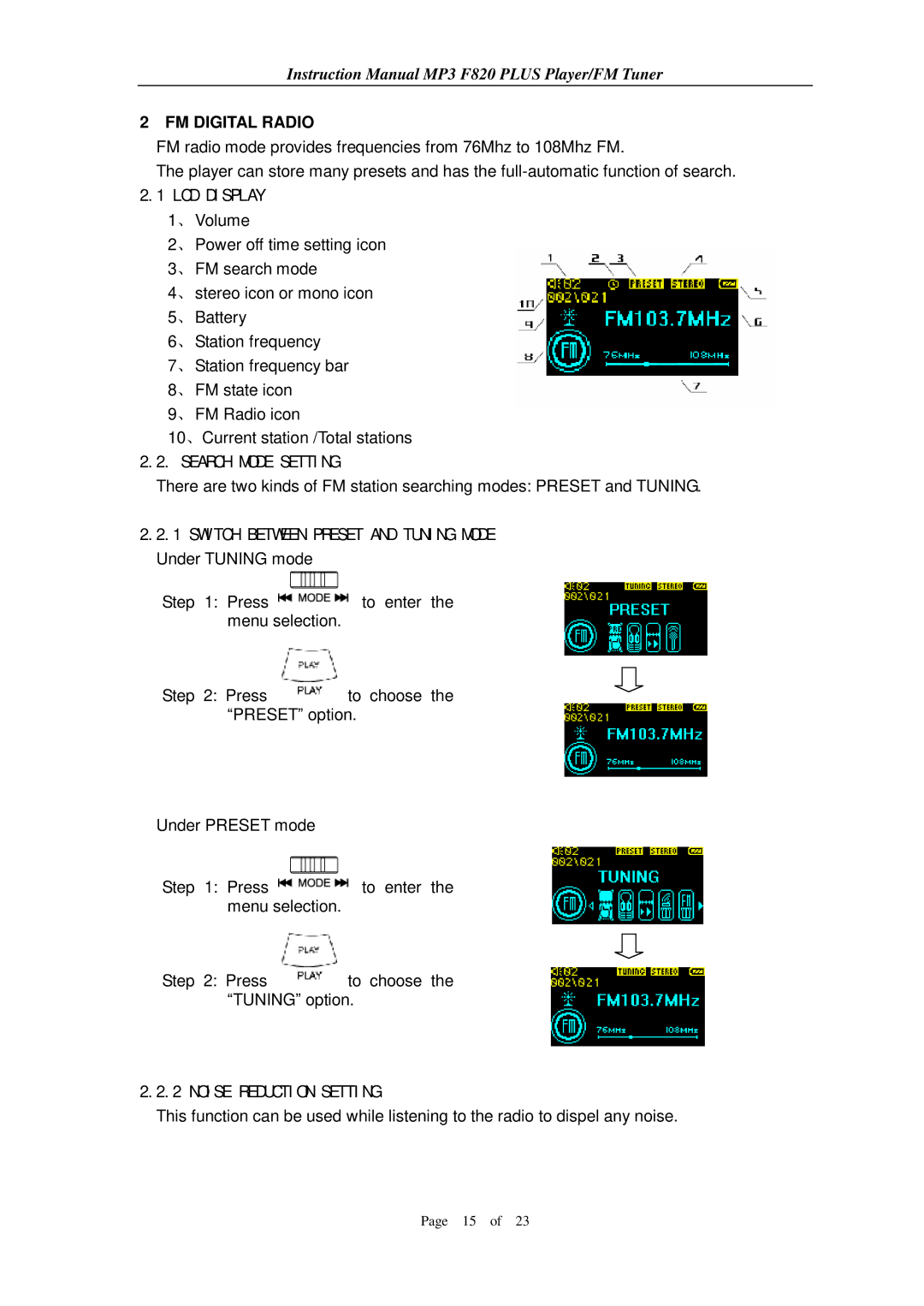 Aigo F820 PLUS user manual FM Digital Radio, Search Mode Setting, Switch Between Preset and Tuning Mode Under Tuning mode 