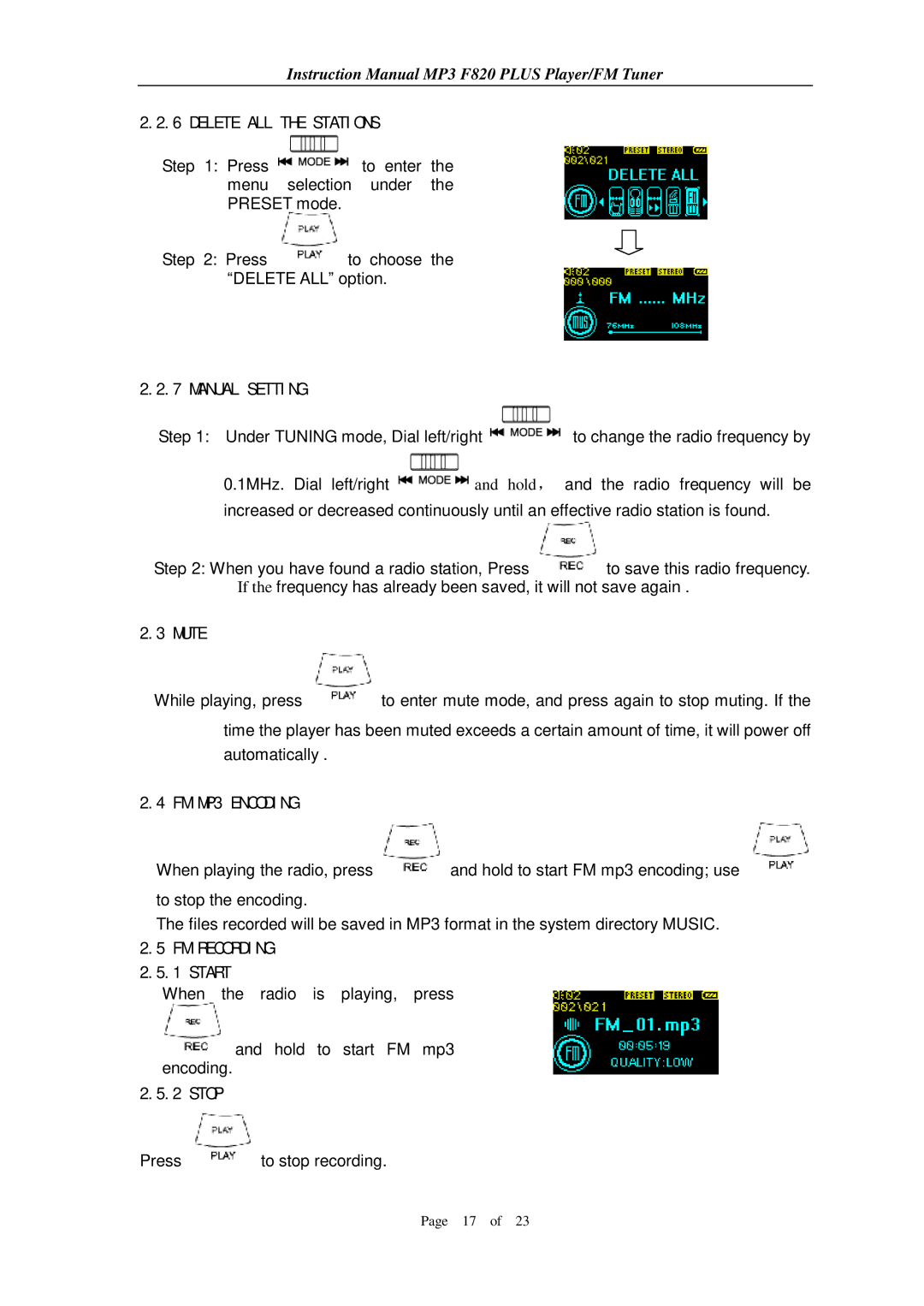 Aigo F820 PLUS user manual Delete ALL the Stations, Manual Setting, Mute, FM MP3 Encoding, Stop 