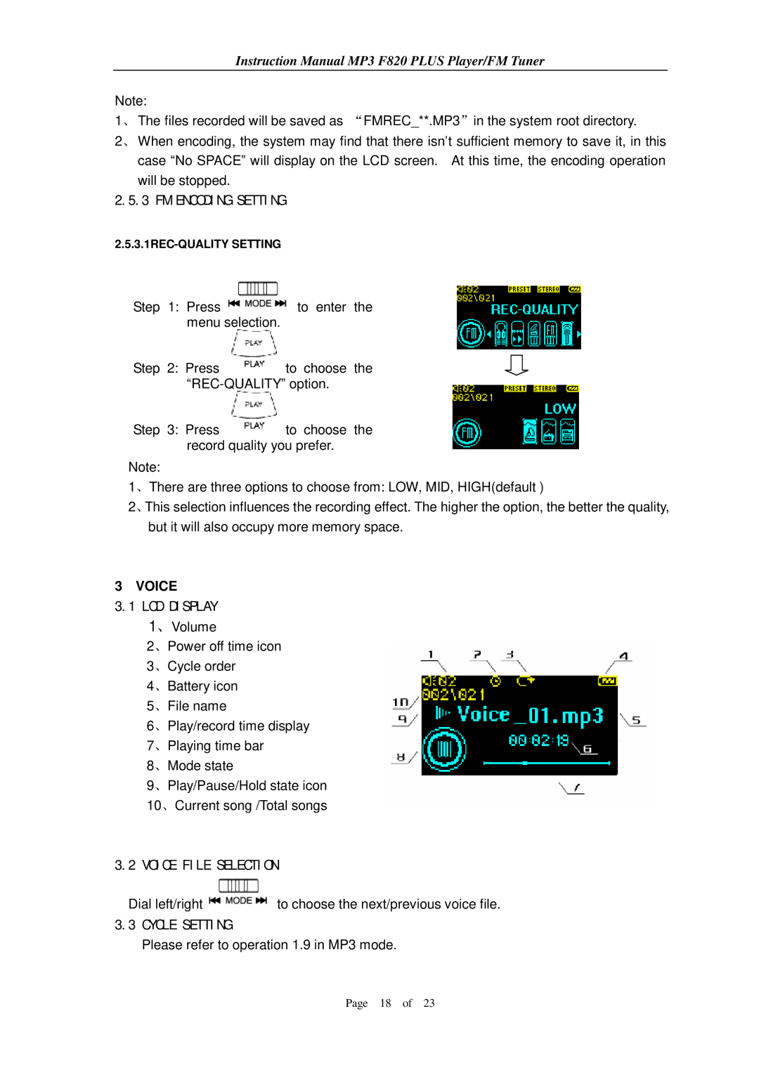 Aigo F820 PLUS user manual FM Encoding Setting, Voice File Selection 