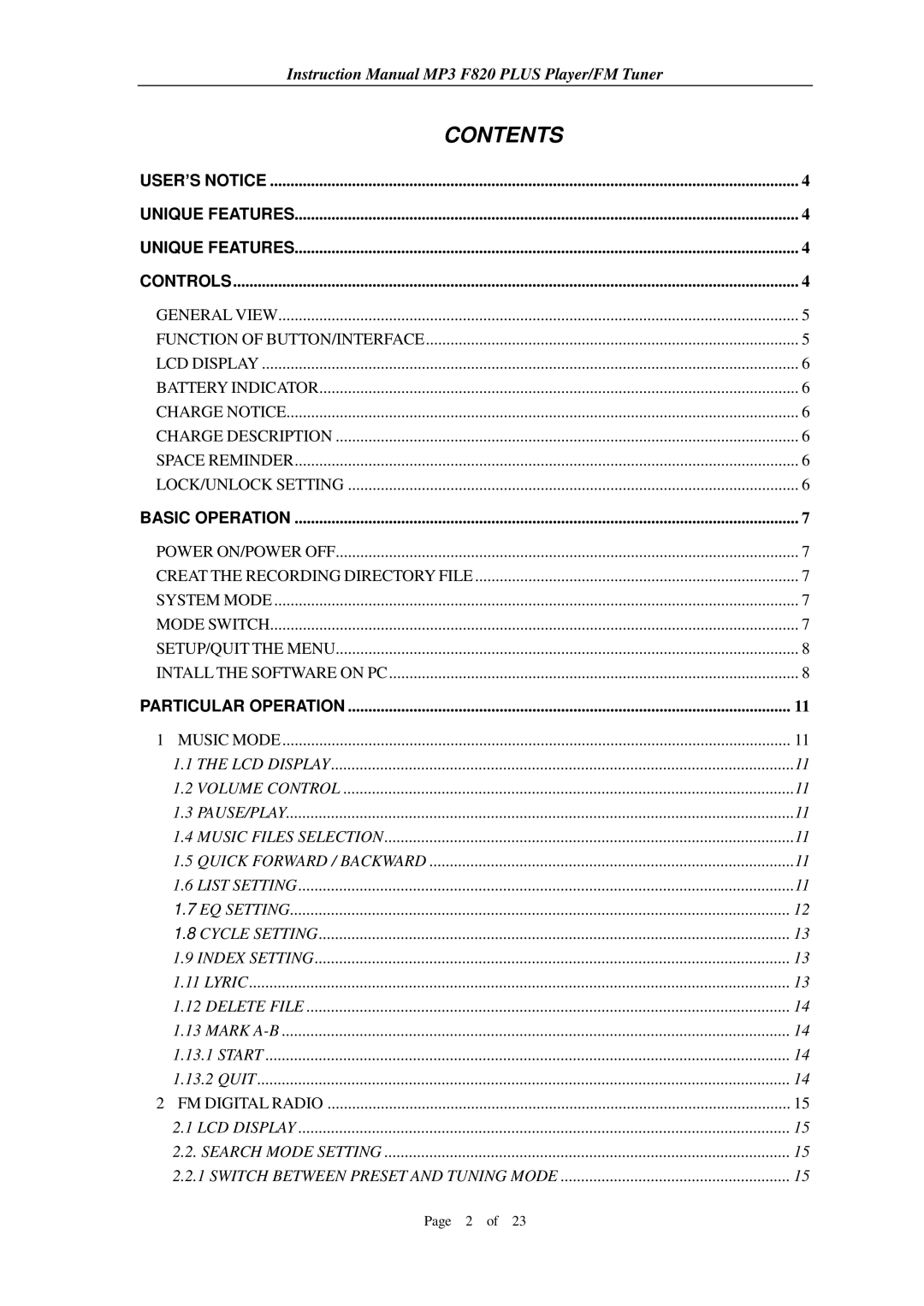 Aigo F820 PLUS user manual Contents 