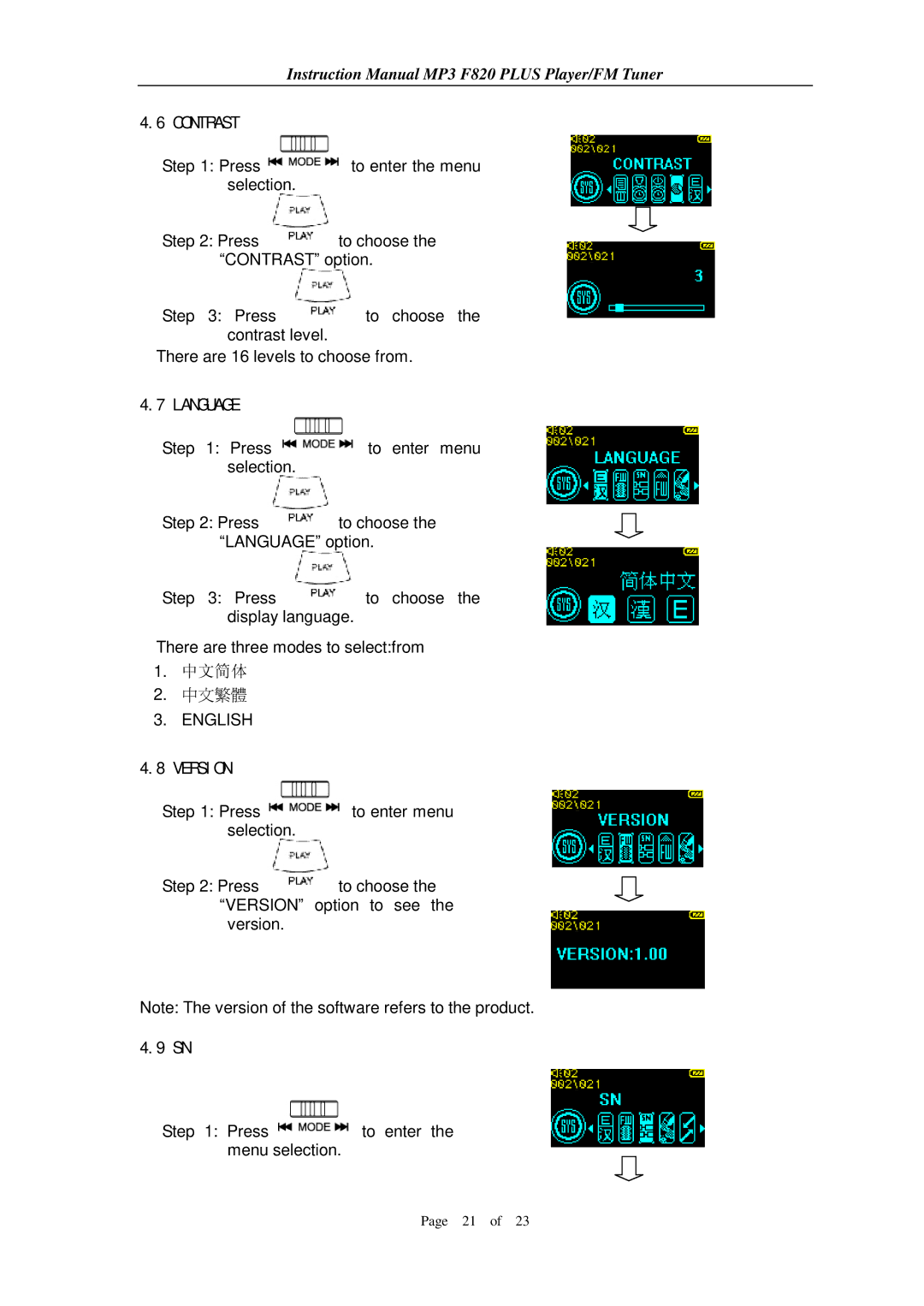 Aigo F820 PLUS user manual Contrast, Language, Version 