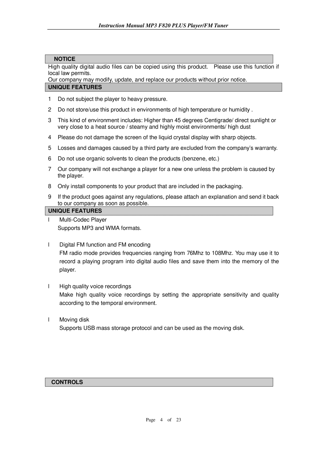 Aigo F820 PLUS user manual Unique Features, Controls 