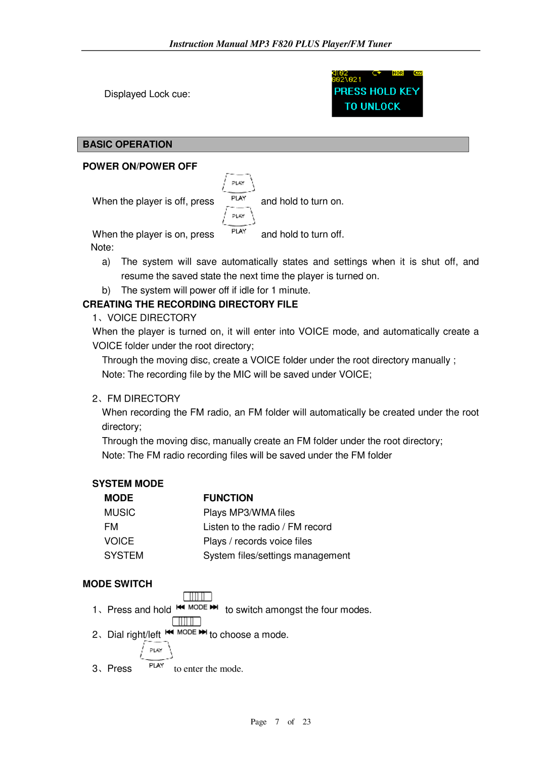 Aigo F820 PLUS Basic Operation Power ON/POWER OFF, Creating the Recording Directory File 1、VOICE Directory, Mode Switch 