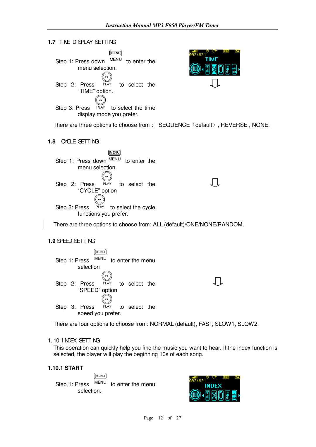 Aigo F850 user manual Time Display Setting, Cycle Setting, Speed Setting, Index Setting 