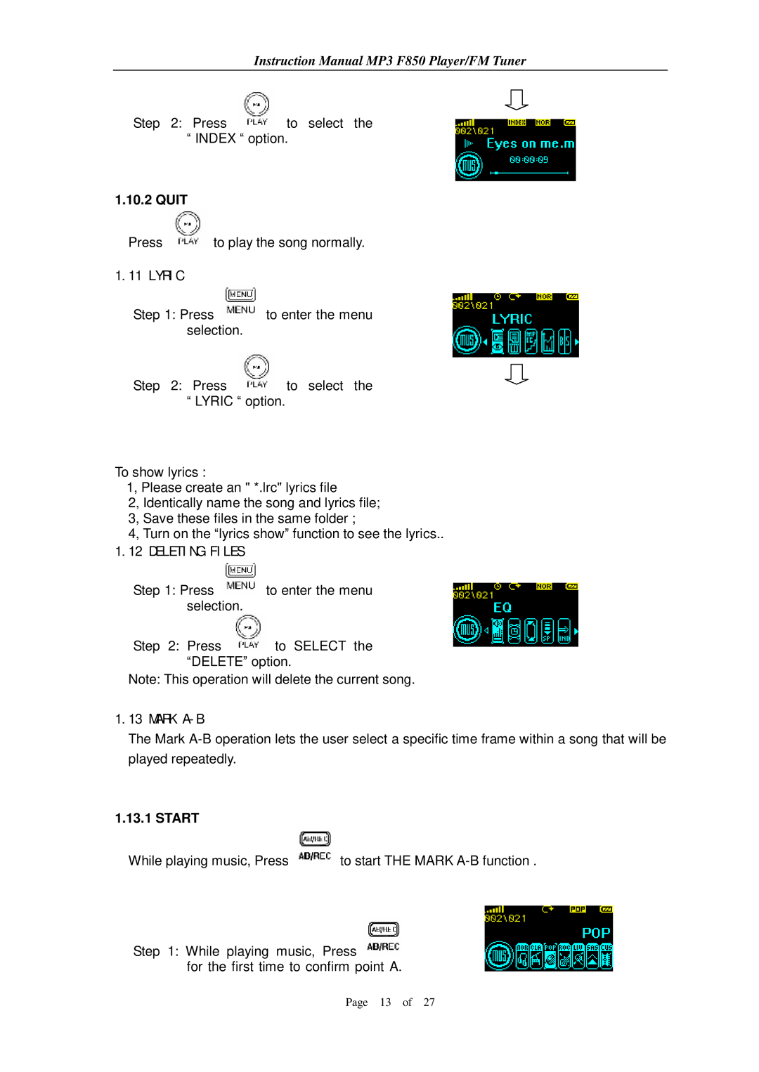 Aigo F850 user manual Lyric, Deleting Files 