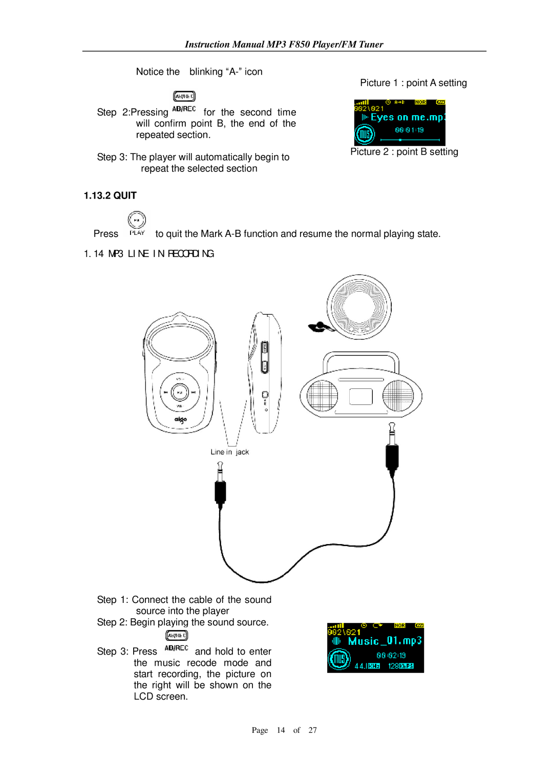 Aigo F850 user manual 14 MP3 Line in Recording 