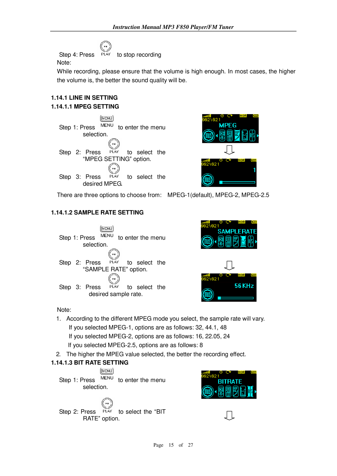 Aigo F850 user manual Line in Setting 1.14.1.1 Mpeg Setting, Sample Rate Setting, BIT Rate Setting 