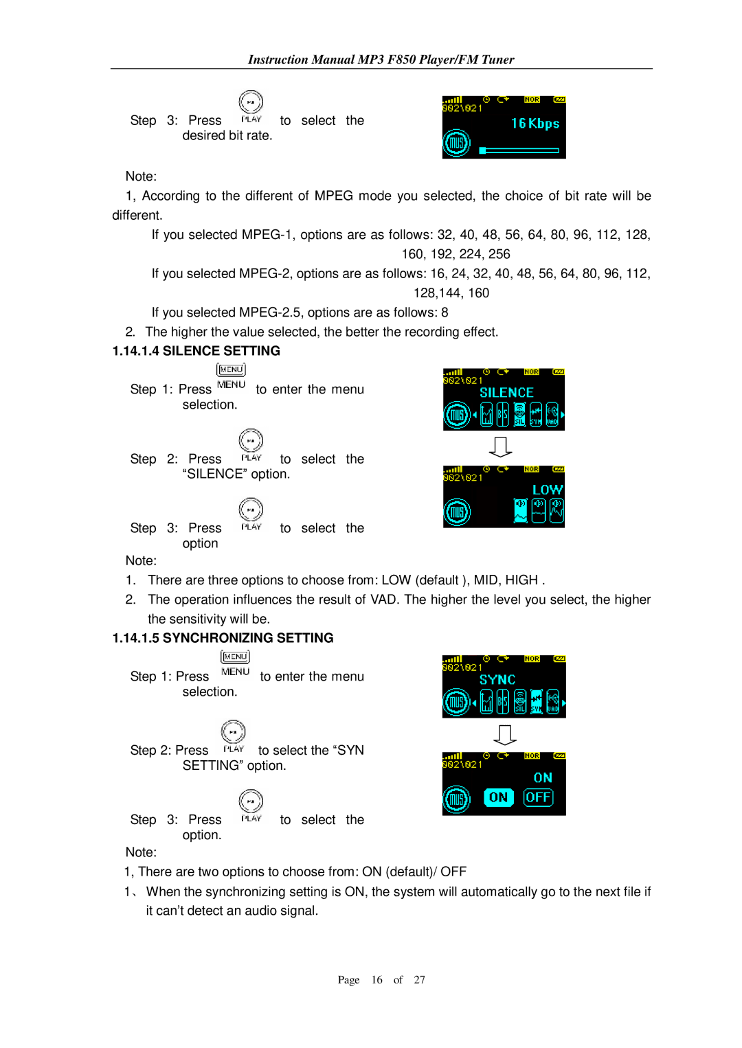 Aigo F850 user manual Silence Setting, Synchronizing Setting 