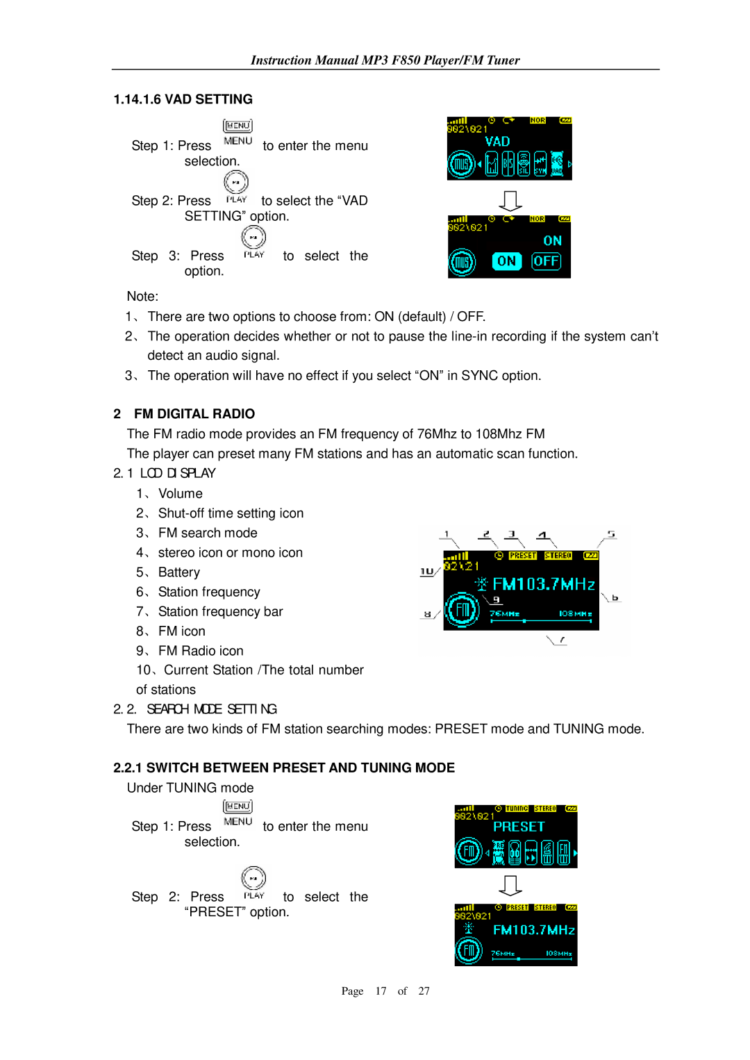 Aigo F850 user manual FM Digital Radio, Search Mode Setting 