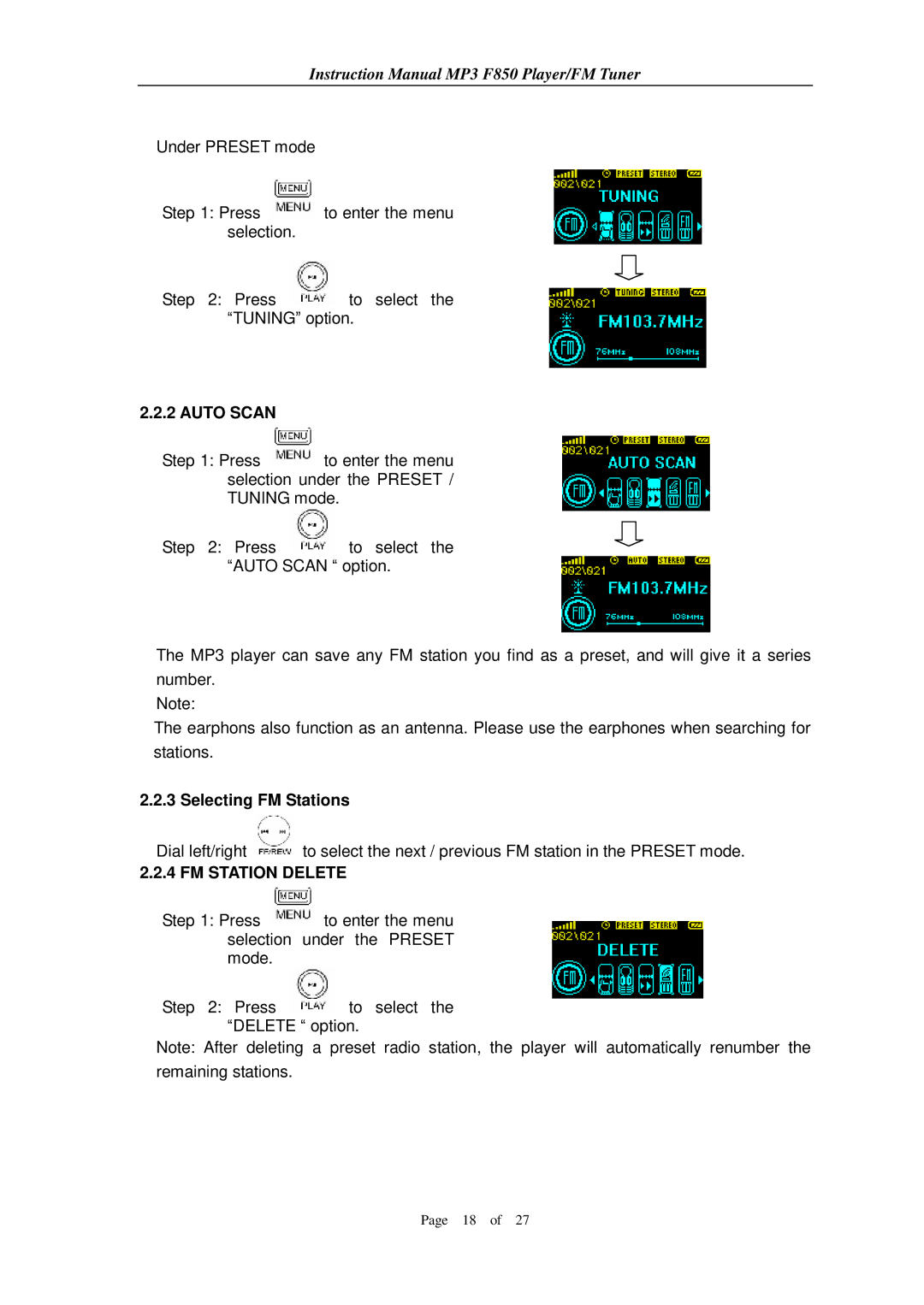 Aigo F850 user manual Auto Scan, FM Station Delete 