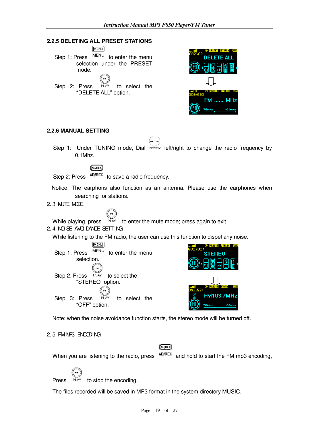 Aigo F850 user manual Deleting ALL Preset Stations, Manual Setting, Mute Mode, Noise Avoidance Setting, FM MP3 Encoding 