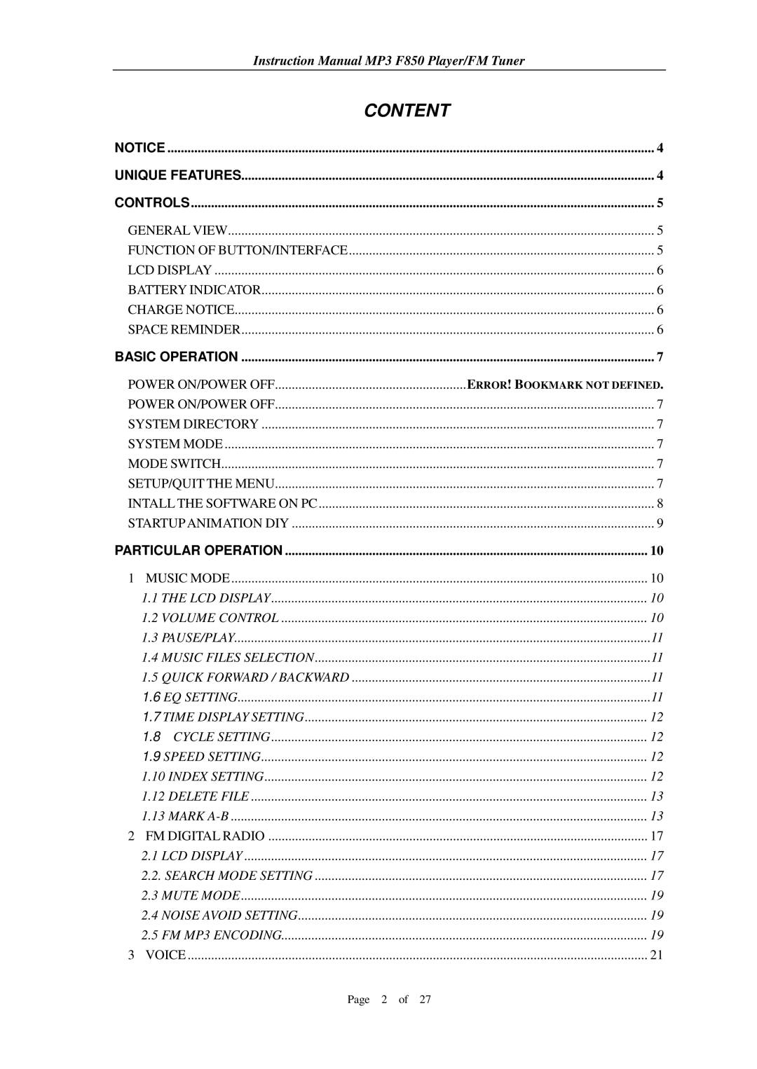 Aigo F850 user manual Content 