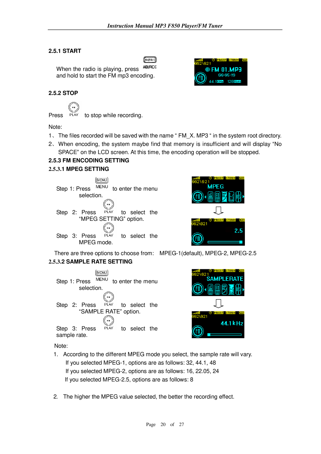 Aigo F850 user manual Stop, FM Encoding Setting 2.5.3.1 Mpeg Setting 