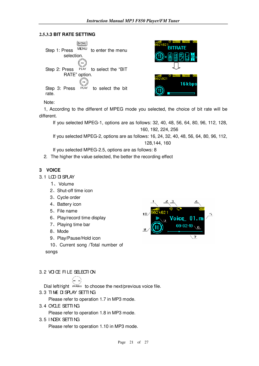 Aigo F850 user manual Voice File Selection 