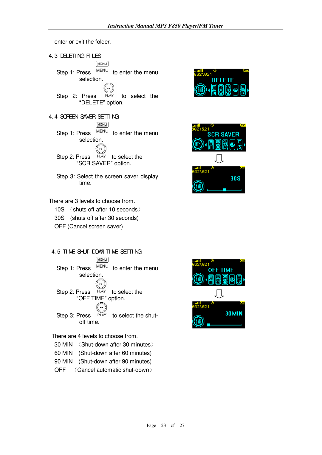 Aigo F850 user manual Screen Saver Setting, Time SHUT-DOWN Time Setting 