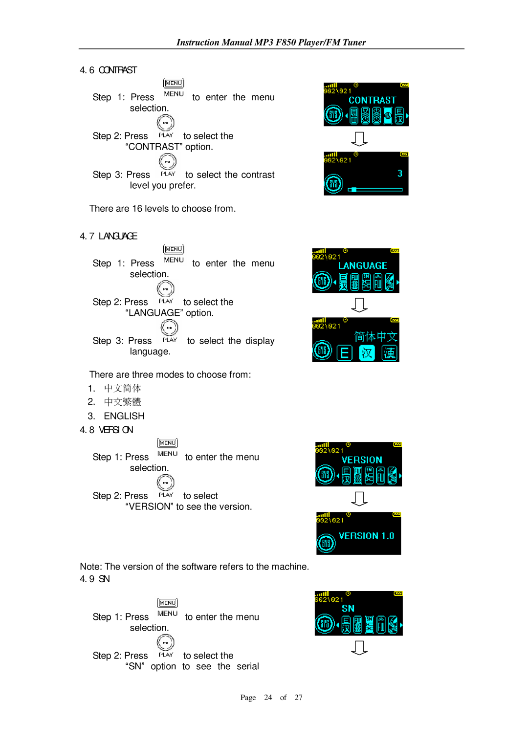 Aigo F850 user manual Contrast, Language, Version 