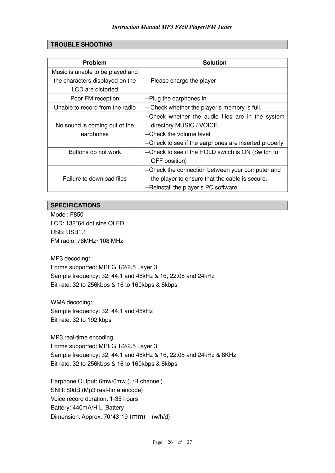 Aigo F850 user manual Trouble Shooting, Specifications 