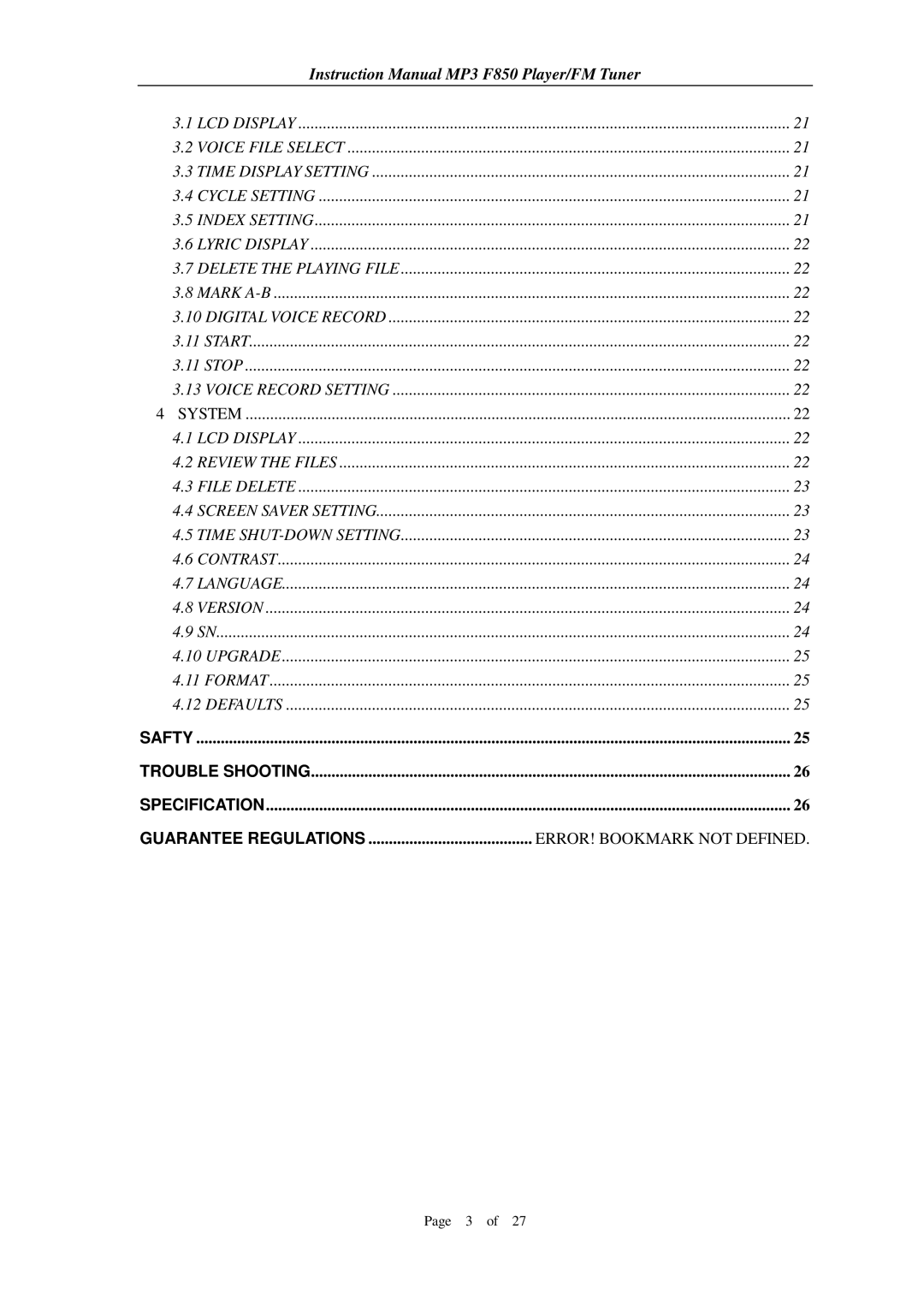 Aigo F850 user manual ERROR! Bookmark not Defined 