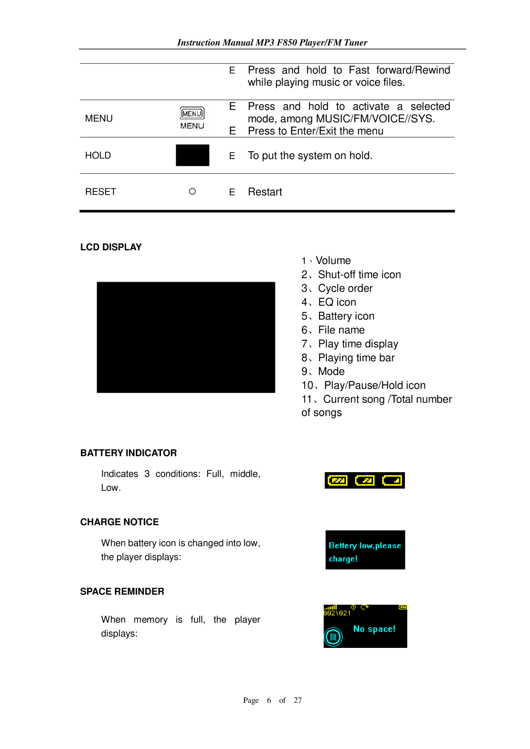 Aigo F850 user manual LCD Display, Battery Indicator, Charge Notice, Space Reminder 