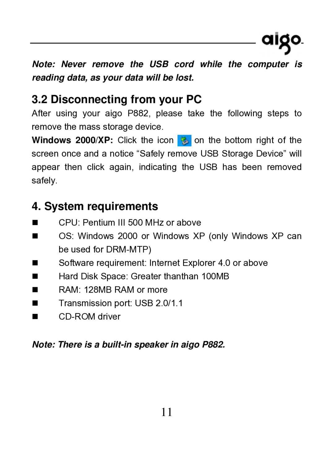 Aigo P882 manual Disconnecting from your PC, System requirements 