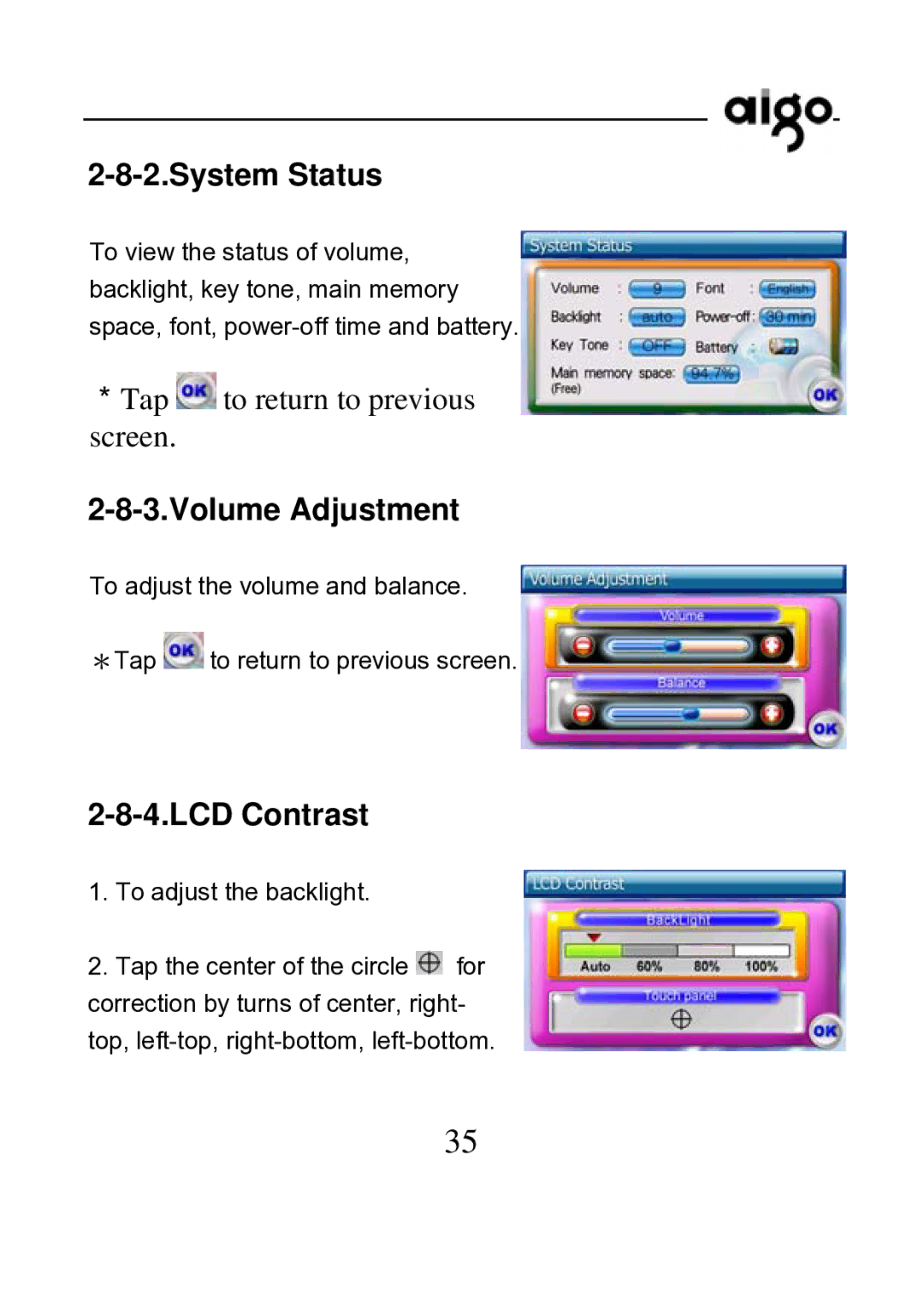 Aigo P882 manual System Status, Volume Adjustment, LCD Contrast 